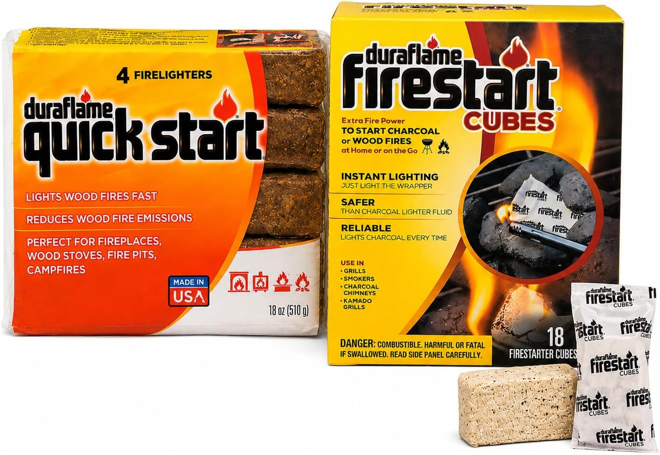 Duraflame Fire Starter Bundle – Firestart Cubes Firelighters 18 Pack & Quick Start Firelighters 4 Pack for Grills, Smokers, Fire Pits, Fireplaces and Campfires
