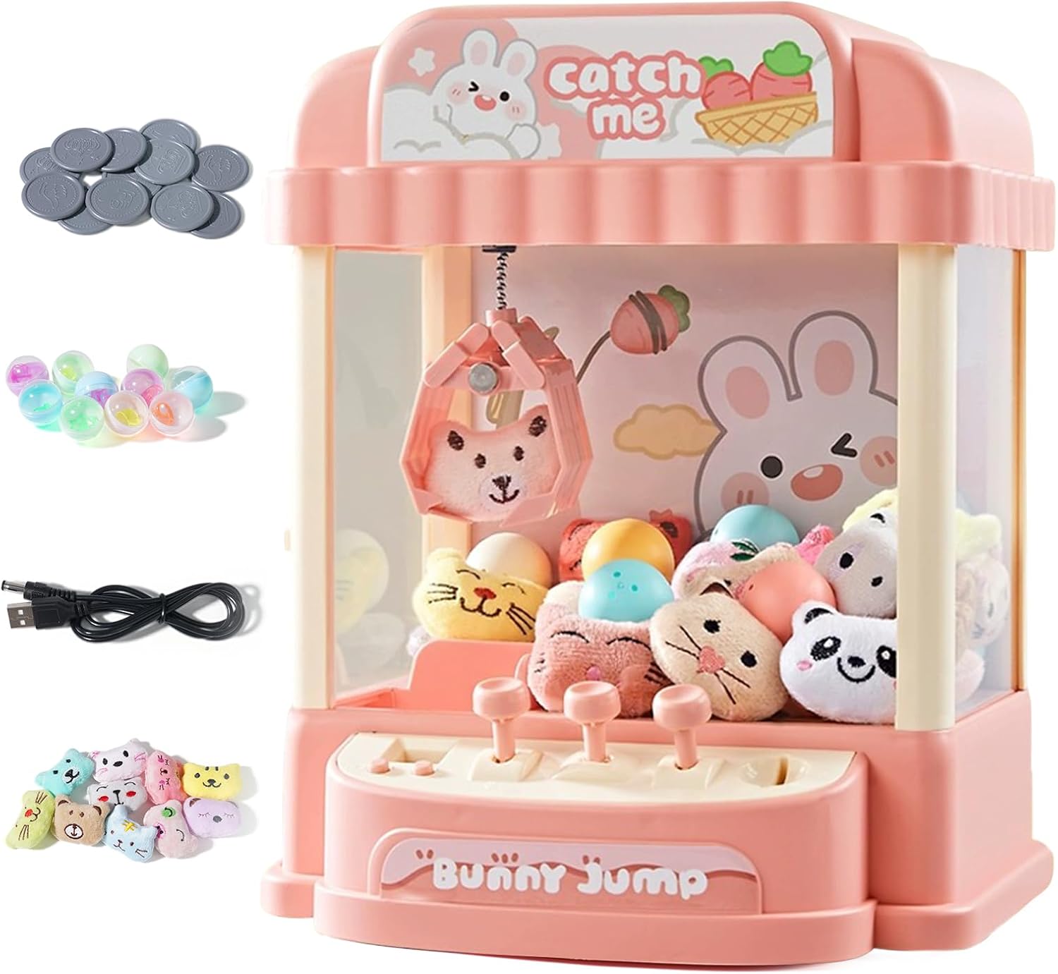 Siairo Claw Machine for Kids, Arcade Claw Machine Toys with Light and Music, Mini Doll Grabber with 12 Coins, 10 Dolls and 10 Capsules, Includes 1 USB Cable, Ages 3+