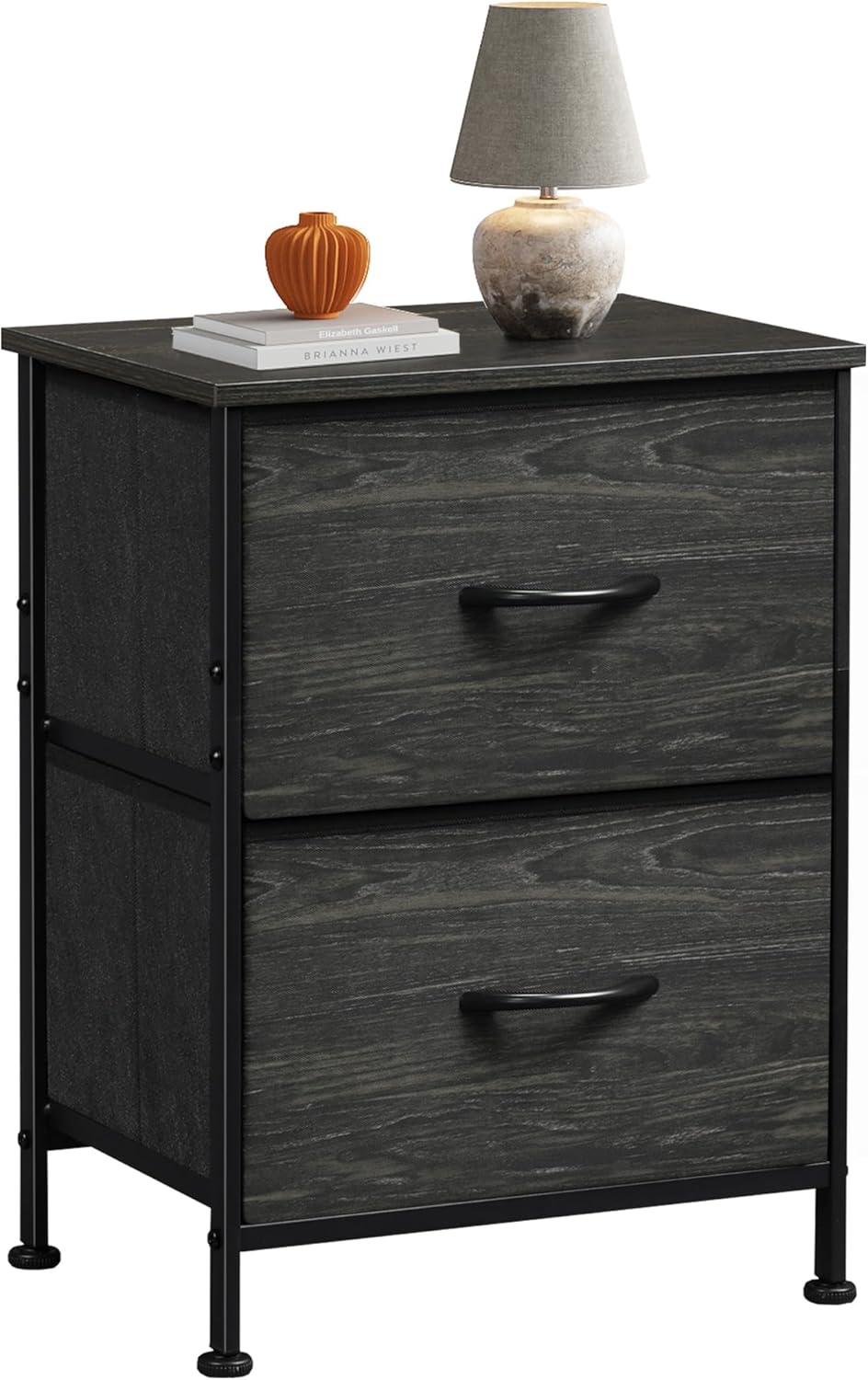 WLIVE Night Stand, Small Dresser with Drawers, Dresser for Bedroom with 2 Fabric Drawer, Black Bedside Table End Table, Dorm Nightstand, Closet Organizer, Charcoal Black Wood Grain Print