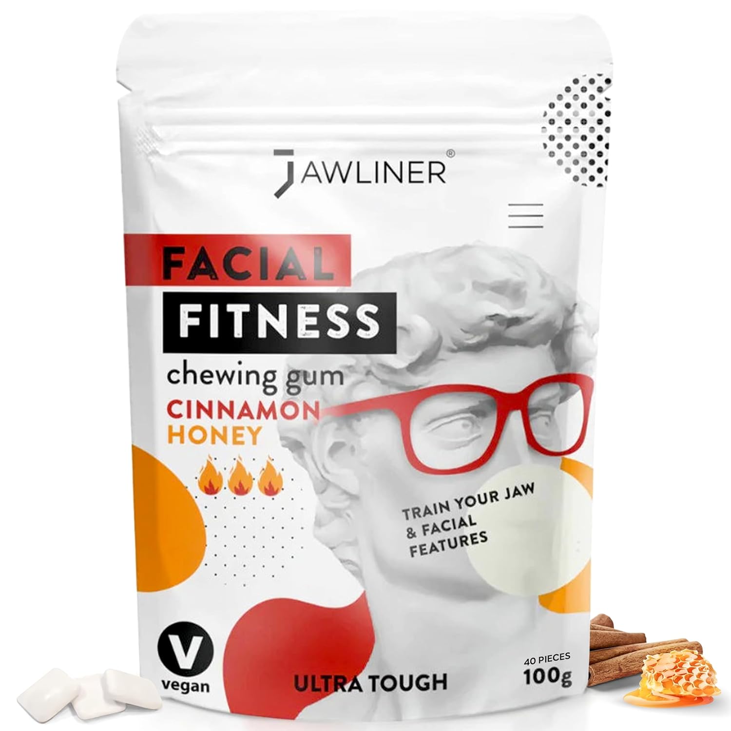 Jawliner® - Pioneers the Toughest Handmade 15x Harder Jawline Gum Includes 12 Weeks Coaching - Sugar-Free Cinnamon Honey Gum - Jawline Exerciser for Mewing & Shaping the Jaw (2 Months Pack)
