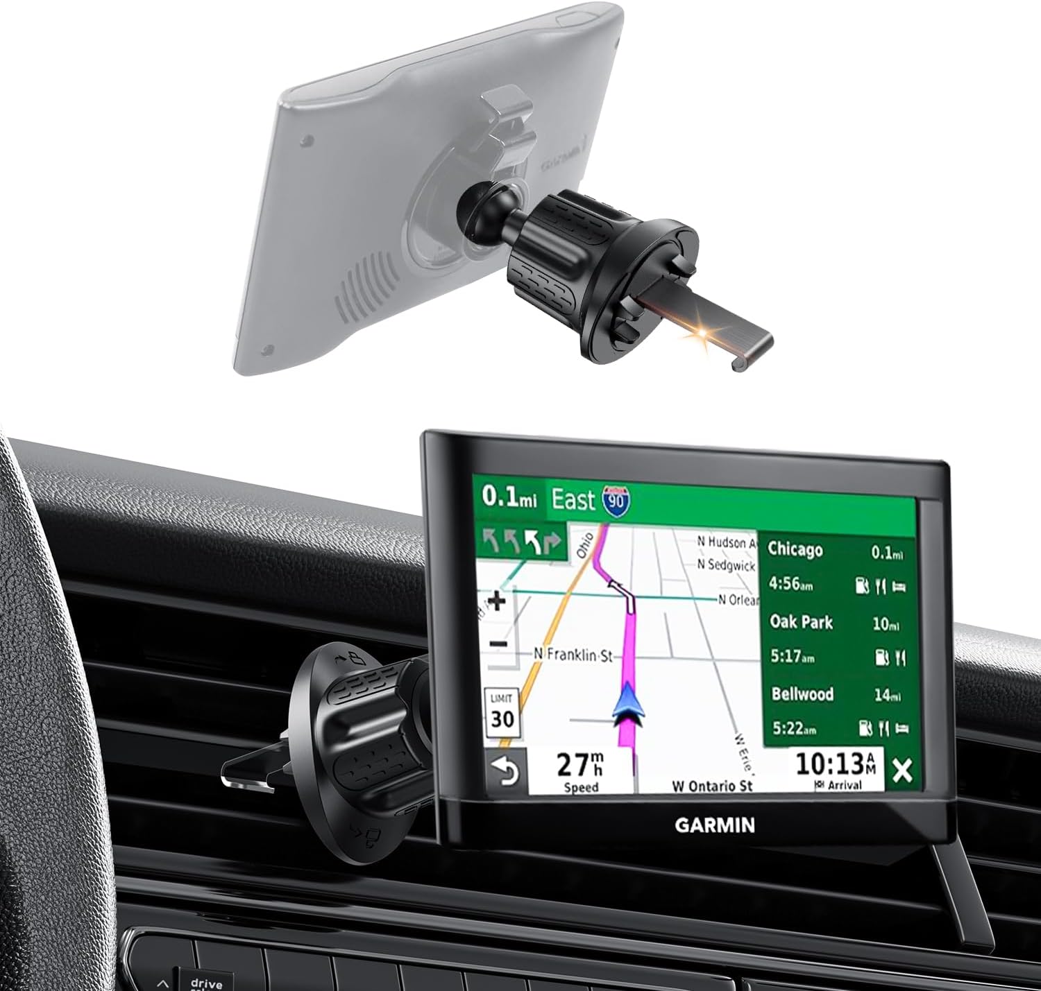 ​GPS Car Mount for Garmin GPS – a stable car air vent holder featuring an upgraded metal hook and a 17 mm ball mount. This versatile GPS holder for car is fully compatible with the Garmin Nuvi Series.