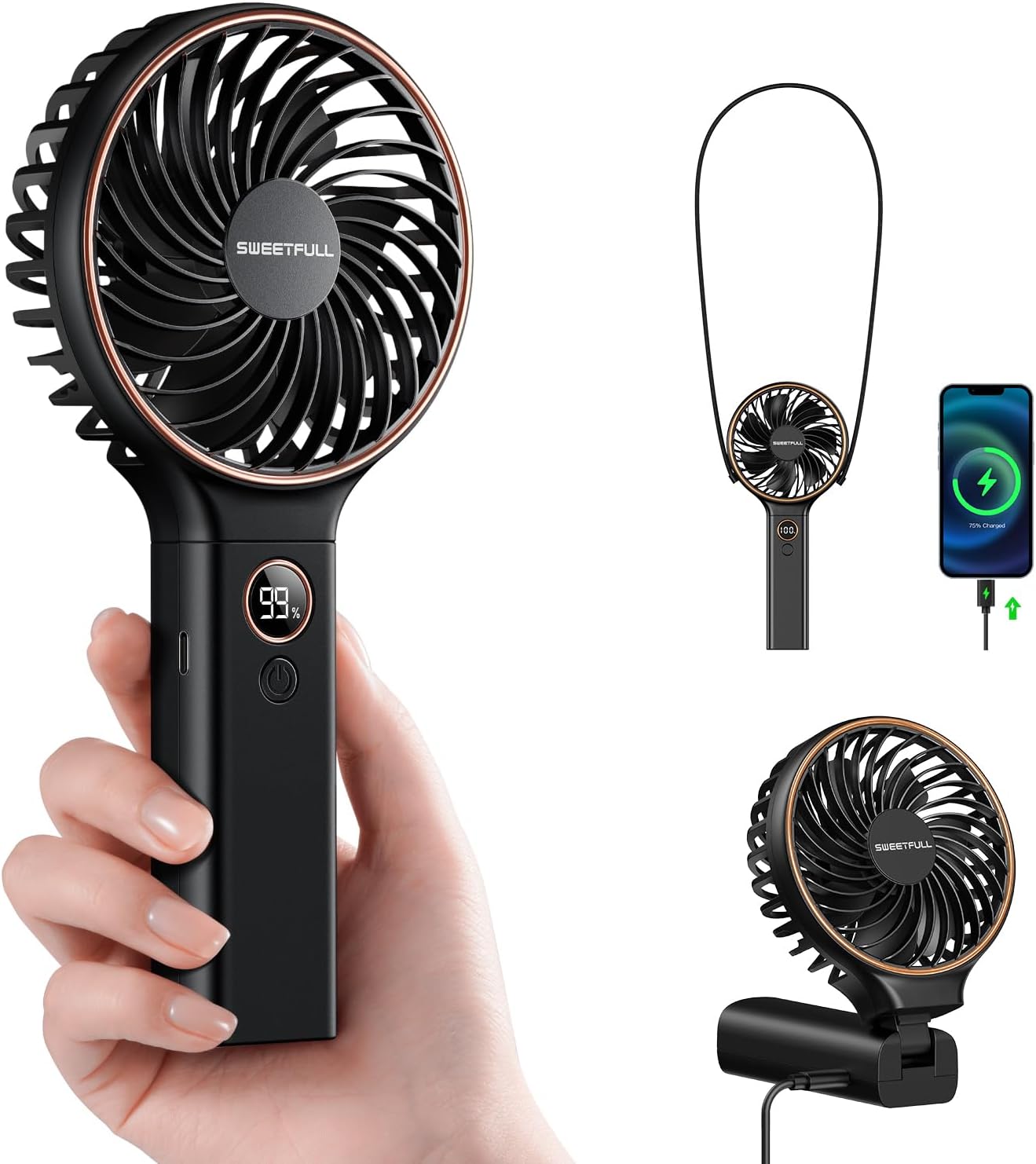 SWEETFULL Handheld Portable Fan, 5000mAh Rechargeable Battery, 6 Speed Wind, LED Digital Display, Foldable Electric Personal Mini Travel Fan with Backup Power, Summer Essentials Gifts for Women Girl