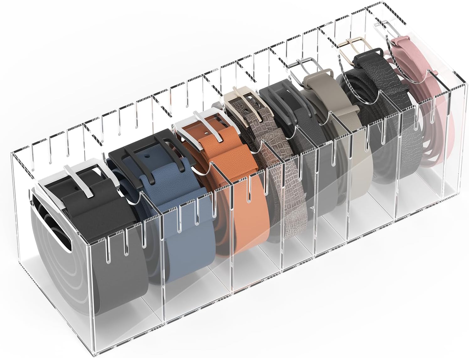 Belt Organizer-Acrylic Belt Holder for Closet and Drawer,Adjustable 7 Dividers Beltbox Storage Organizer for Belt Tie Display