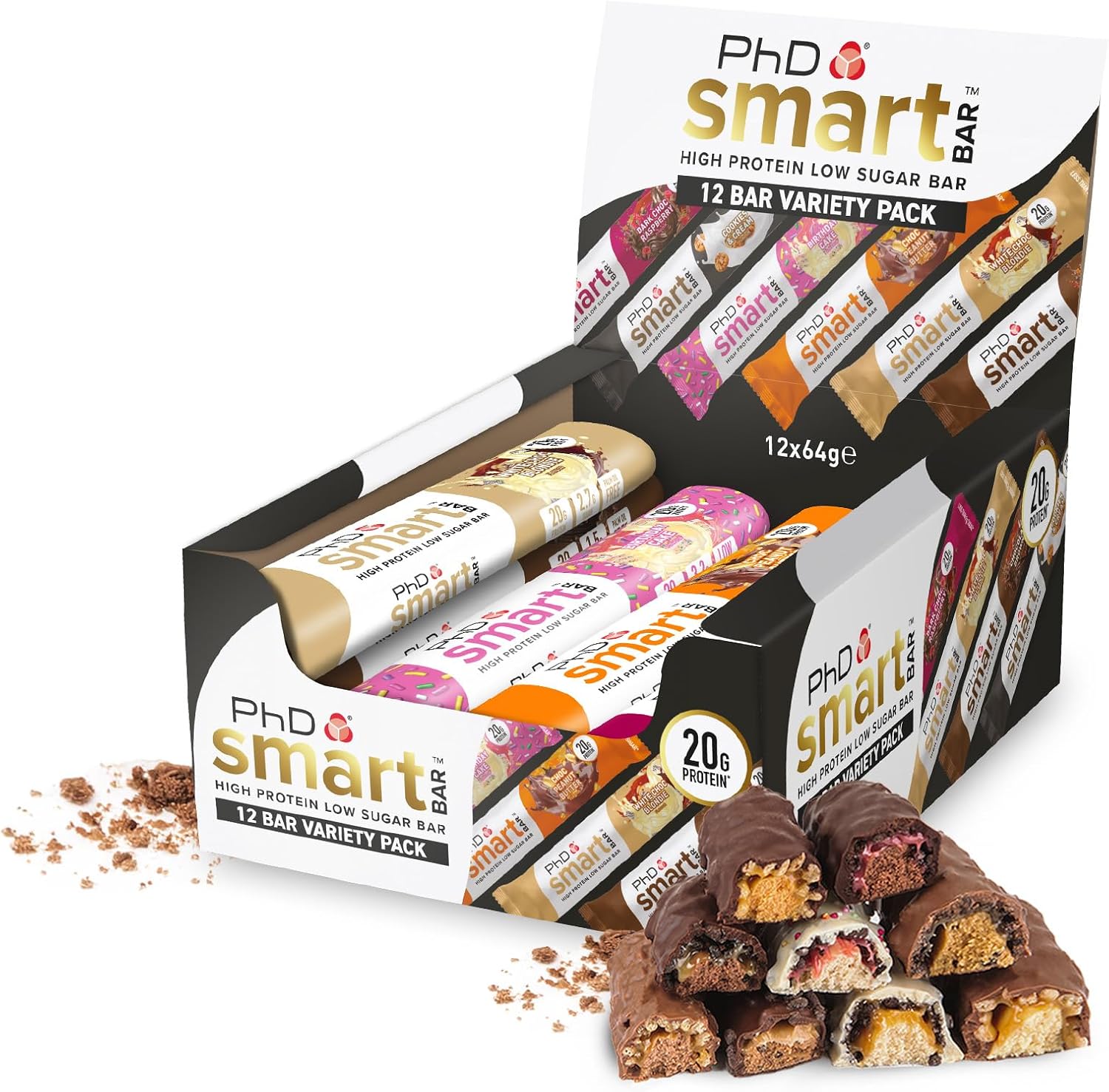 PhD Nutrition Smart Protein Bar Low Calorie, Nutritional Protein Bars/Protein Snacks, High Protein Low Sugar, Variety Pack, 20g of Protein, 64g Bar (12 Pack)