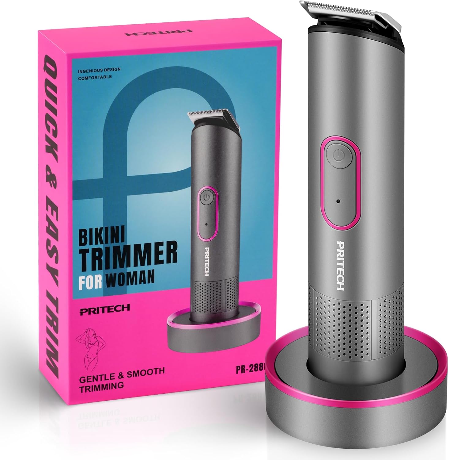 PRITECH Bikini Trimmer for Women - Rechargeable Pubic Hair Trimmer for Sensitive Skin, Wet & Dry Use, Pain-Free Electric Razor&Shaver with Standing Recharge Dock, Ideal Gift for Women, Slate Grey