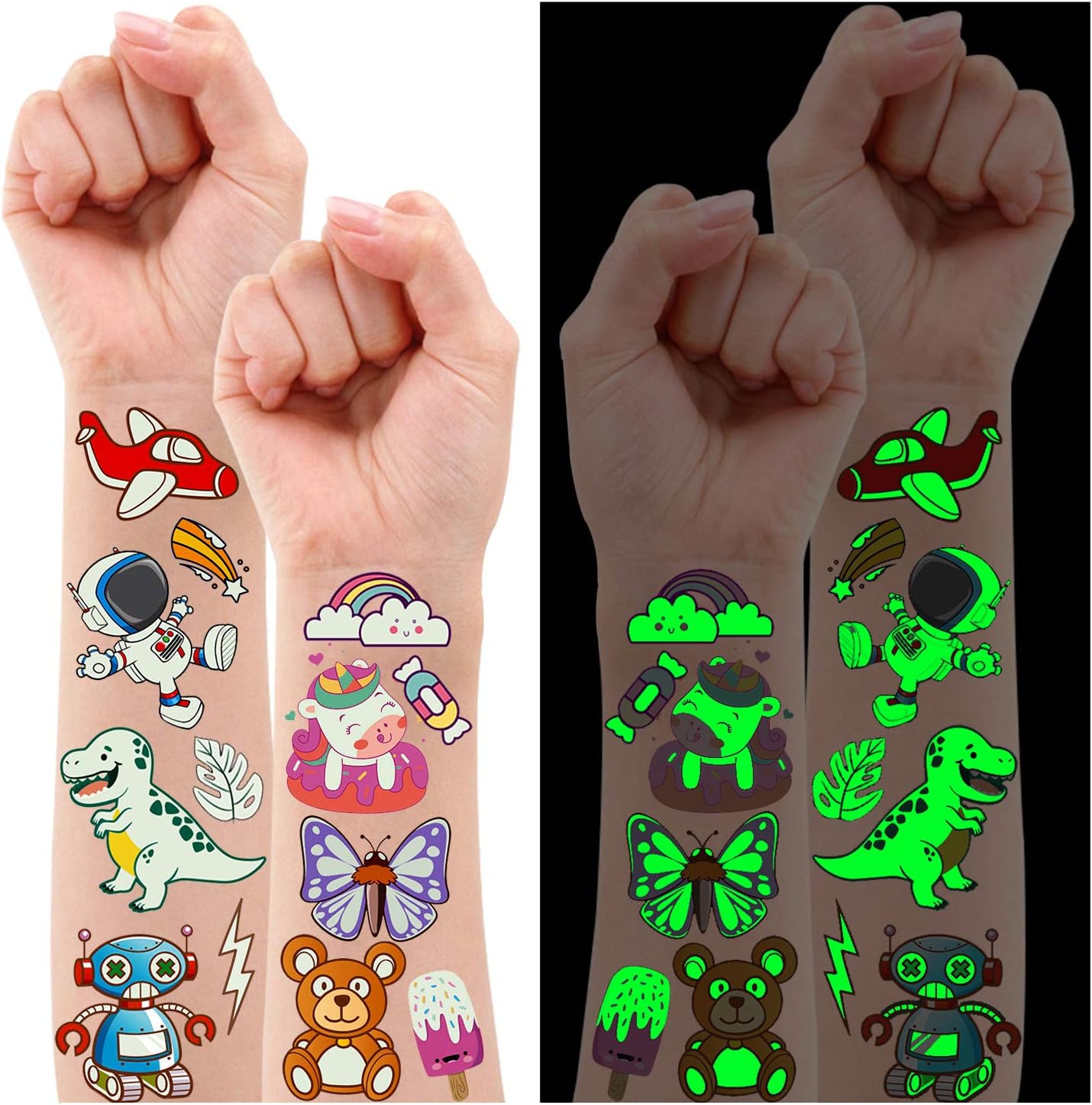 Partywind 380 Styles (30 Sheets) Luminous Tattoos for Kids, Mixed Styles Temporary Tattoos Stickers with Mermaid/Dinosaur/Space/Pirate for Boys and Girls, Glow Party Supplies