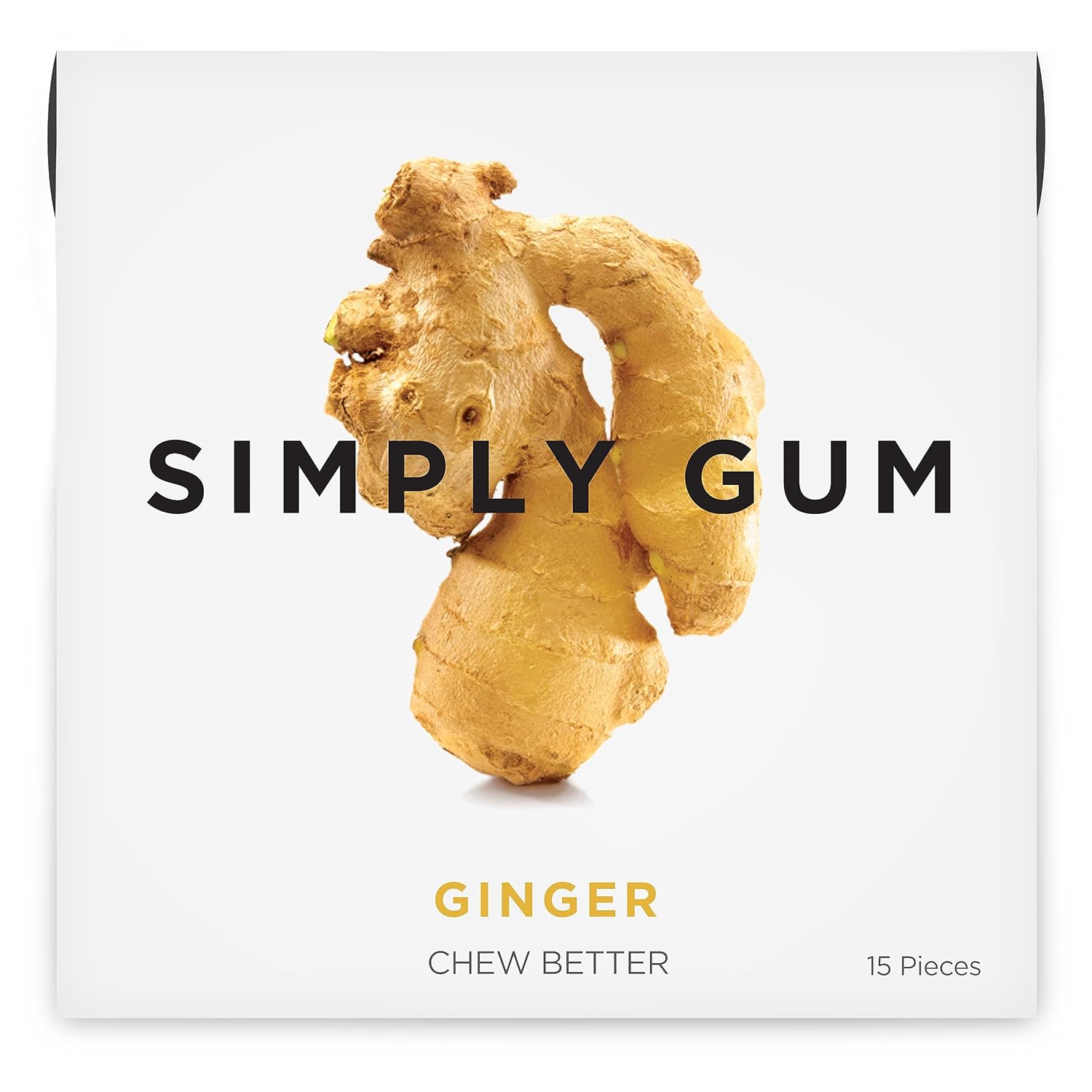 SIMPLY Gum Ginger, Plastic-Free Natural Chewing Gum, Made with real Ginger, 6 Pack (90 Pieces) | Vegan, Kosher, Non GMO, Aspartame Free and Sorbitol Free