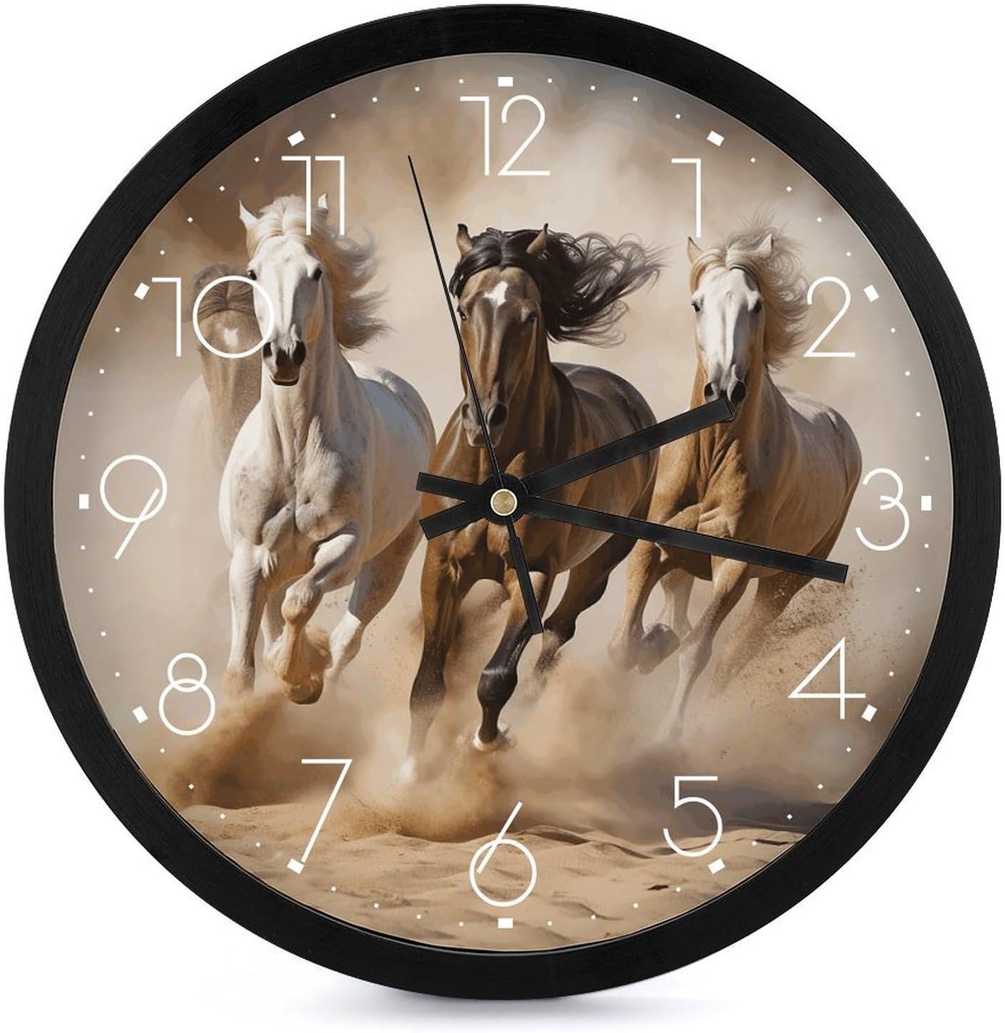 10 Inch Silent Non-Ticking Round Wall Clock Three Running Horses Printed, Battery Operated, Luxury Style for Living Room Bedroom Office Home Wall Decor