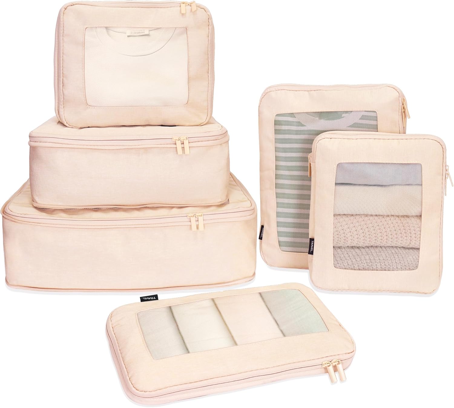 INNKGLE Compression Travel Packing Cubes 6 Set -Beige Pink- Recycled PET Fabric, Space-Saving Organiser Bags for Suitcase, Travel & Home Storage - Ideal for Clothes, Shoes & Gear
