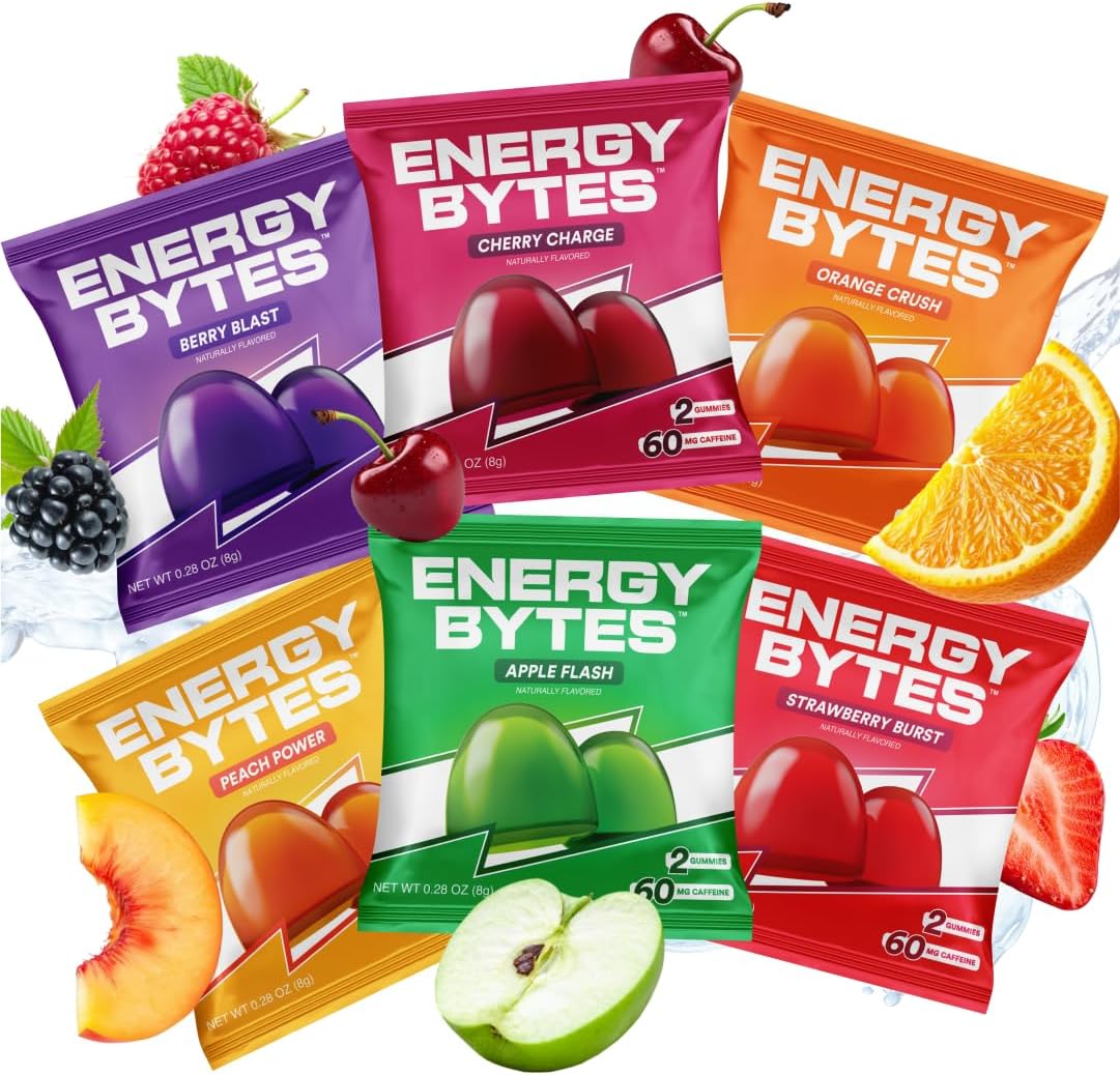 Energy Bytes Caffeine Energy Gummies - Fast, Delicious Boost for Focus & Productivity - Superior to Energy Drinks, Gels, Chews - Vegan, Low Sugar, with Vitamins A, D, B3, B6 & B12 – 12-Pack