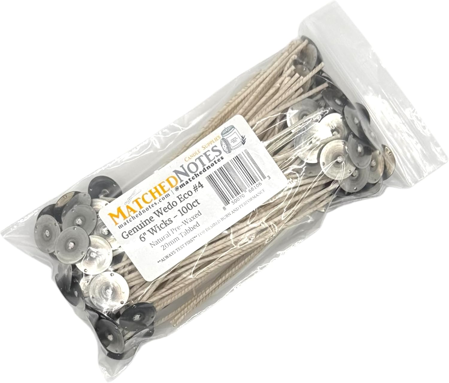 100ct Genuine Eco 4 Candle Wicks - 6" Length - 20mm Wick Tab - Natural Wax Coating - Top Selling Wick