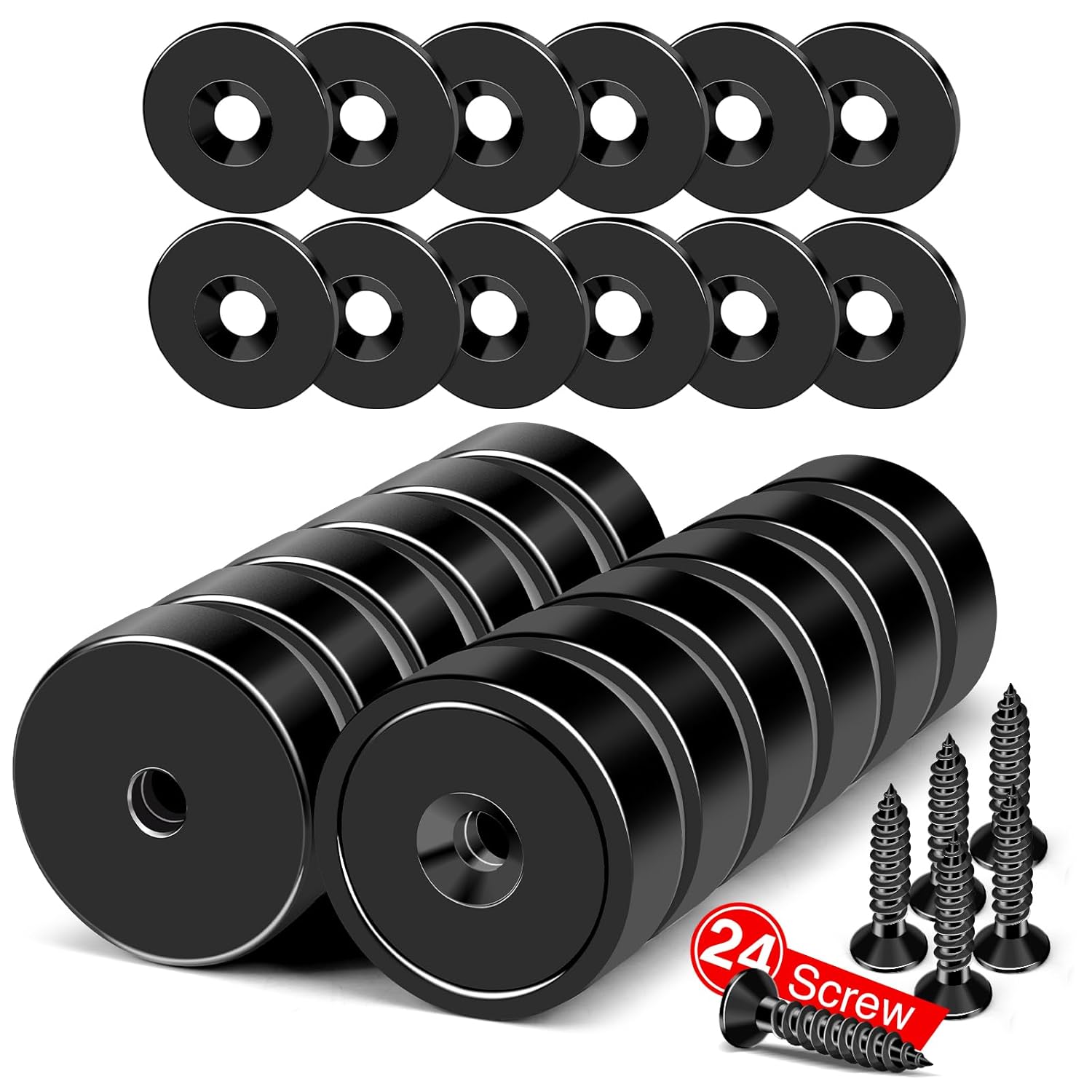 MIKEDE Magnets, 40lbs Strong Magnet with Holes, Black Industrial Rare Earth Neodymium Magnet Heavy Duty Round Cup with Countersunk Hole with Screws for Wall Mounting - 12 Pack