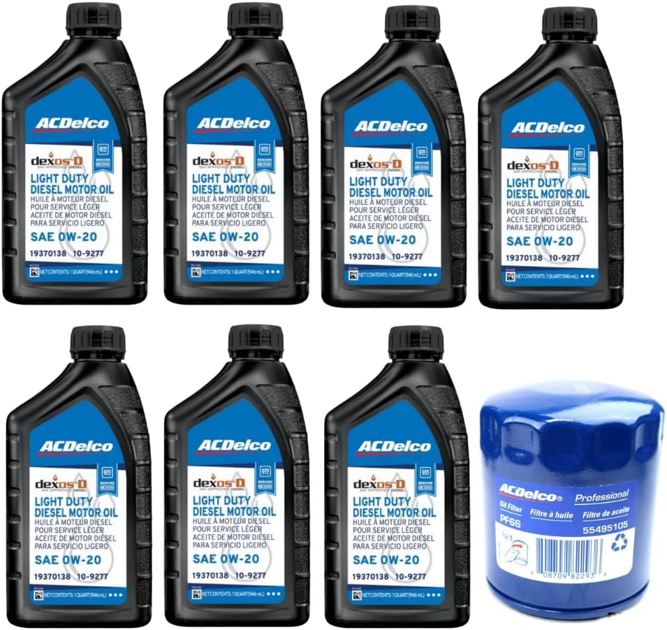ACDelco DexosD Oil Change Kit 0W-20 Light Duty Diesel Engine Oil 19370138, 10-9277 and AC Delco PF66, 55495105, 19391402 Oil Filter (See Description For compatible vehicles)