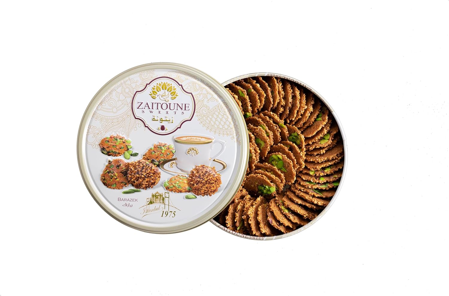 Zaitoune Barazek Cookies - 250 g | Luxurious Crunchy Sesame & Pistachio Biscuits Handcrafted in Turkey | Beautiful Reusable Gift Tin | Perfect for Coffee or Tea | Great Sharing Present