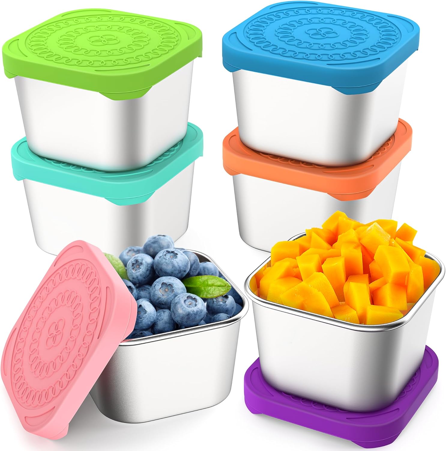 6 Pack 6oz Stainless Steel Snack Containers, Easy Open Leak Proof Stainless Steel Food Storage Containers with Silicone Lids, Small Metal Lunch Box Container for Office, Travel