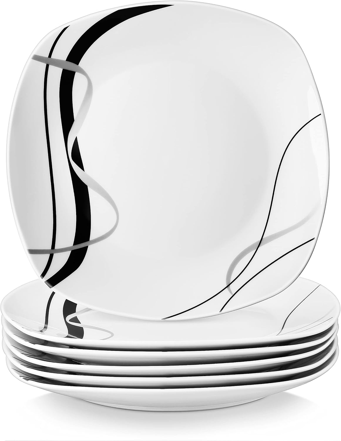 VEWEET 'Fiona' 9.75" 6-Piece Dinner Plate Porcelain Dinner Set Ivory White Black Decals Round Plates Dinning Set Kitchen Service China Dinner Plate (24.7 * 24.7 * 2.2 cm)