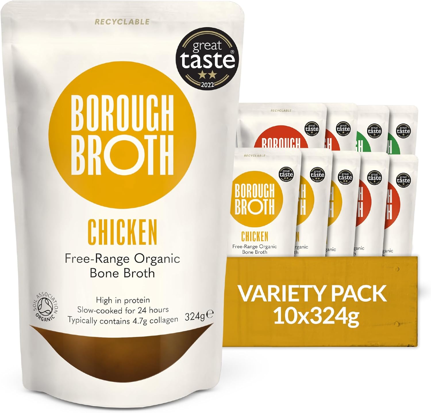 Organic Bone Broth Variety Pack by Borough Broth - Beef, Chicken & Lamb Broth - High Protein & Collagen, Low Carb, Gluten-Free & Keto - Chilled Bone Broth For Soups, Stews & Sauces - 10 x 324g