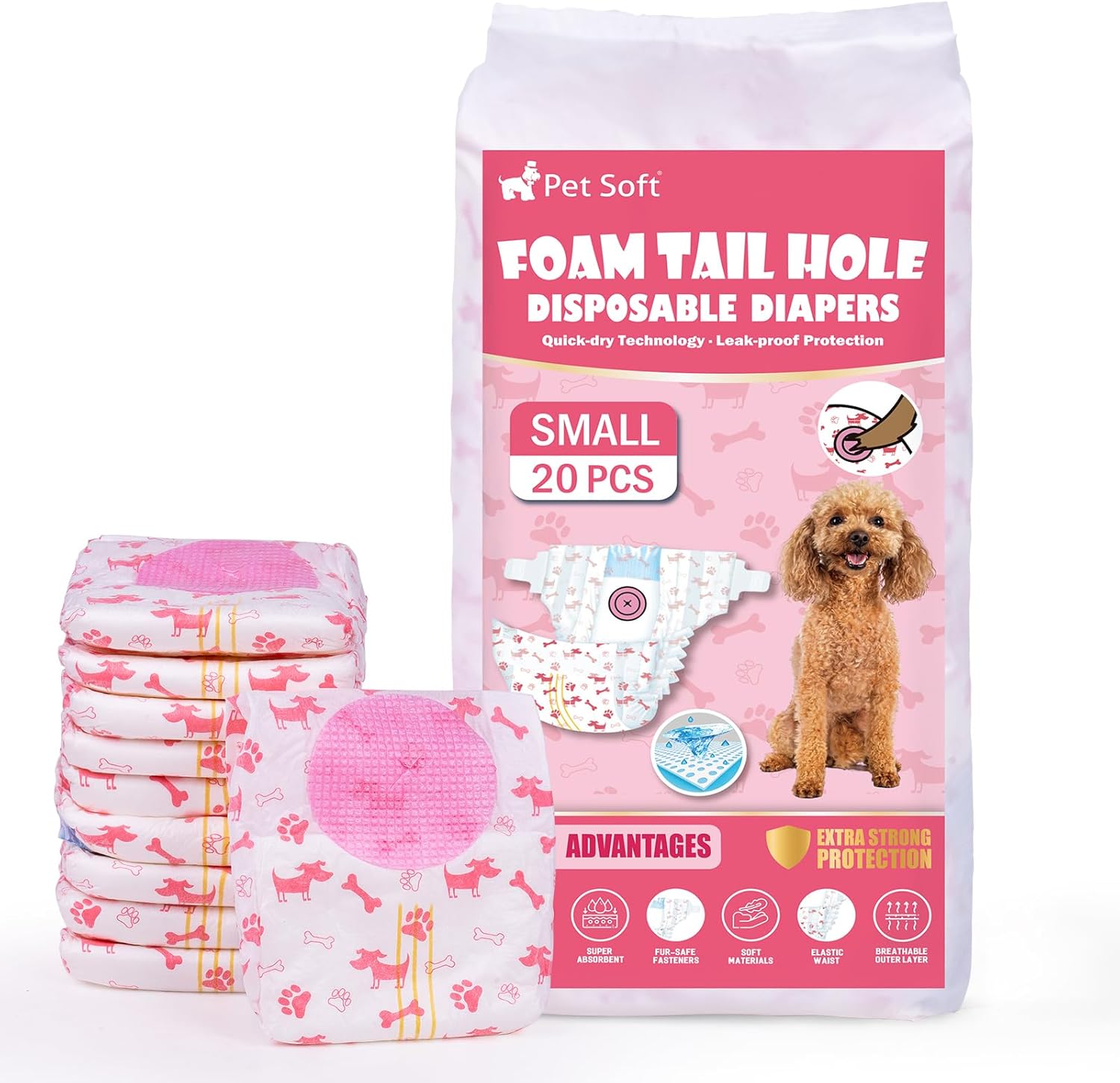 Pet Soft Dog Nappies Female, 20 Count Disposable Dog Pants Female Small, Super Absorbent Disposable Dog Diapers for Girl Dogs in Season/Heat/Incontinence with Adjustable Tail Hole (S 20Count)