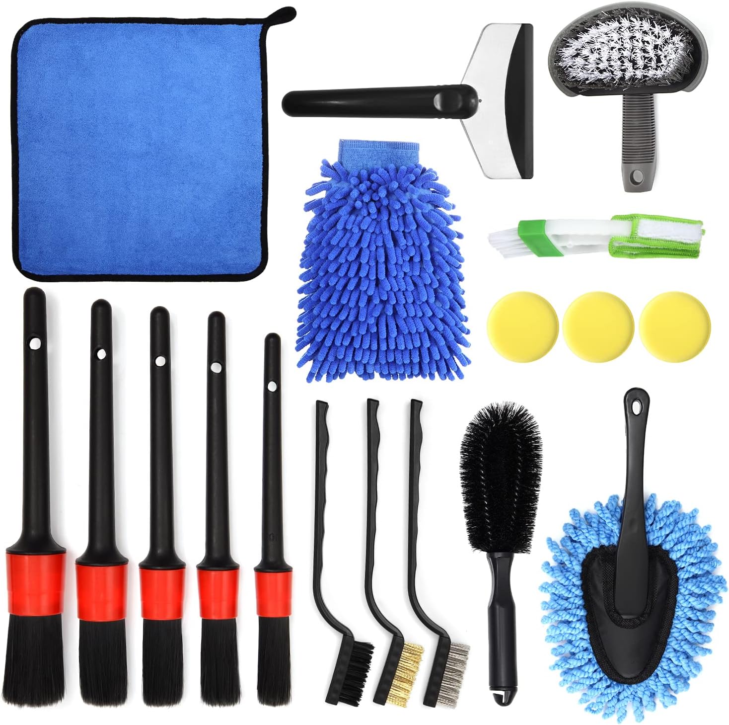 GUANJUNE 18Pcs Car Wash Cleaning Kit with Wash Mitt Sponge Towels, Tire Brush Tool Set, Interior Exterior Car Care Detailing Set for Car Motorcycle Bike Cleaning Wheels, Engine, Emblems, Air Vents