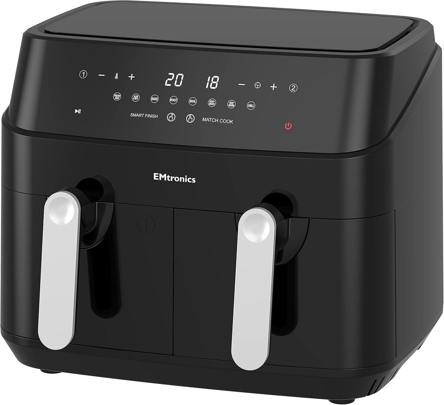 EMtronics EMAFDD9L Dual Air Fryer Extra Large Family Size Double XL 9 Litre with 8 Adjustable Pre-Set Menus for Oil Free & Low Fat Healthy Cooking, Easy Clean Metal Interior, 99-Minute Timer - Black