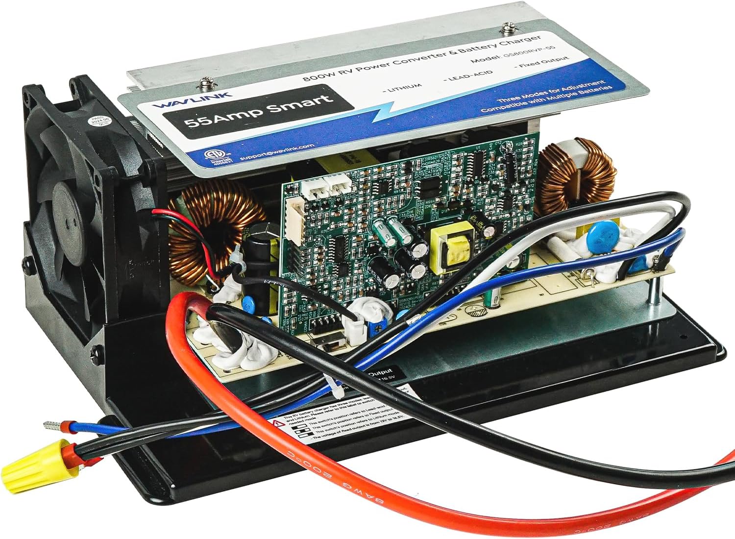 WAVLINK 55 Amp RV Power Converter, 120V AC to 12V DC Battery Charger with 3 Smart Charging Modes, 13V-16.5V Adjustable Operating Range, Multi-Stage Charging Assembly for Lithium/Lead Acid Batteries