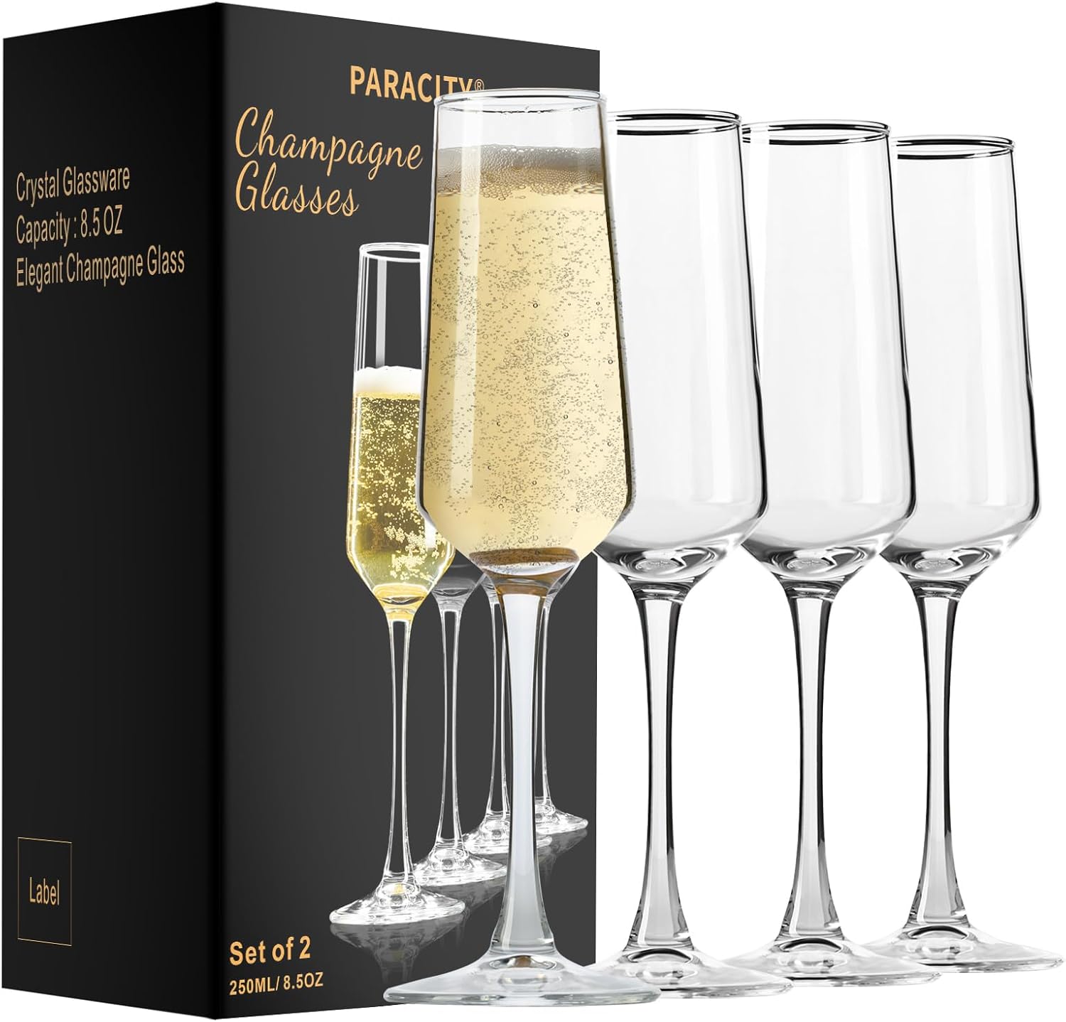 ParaCity Champagne Flutes 8.5oz/250ml, Champagne Glasses Set of 4, Elegant Glass Prosecco Glasses, Gift for Birthday, Wedding, Christmas, Clear Sparkling Champagne Glasses for Women, Men