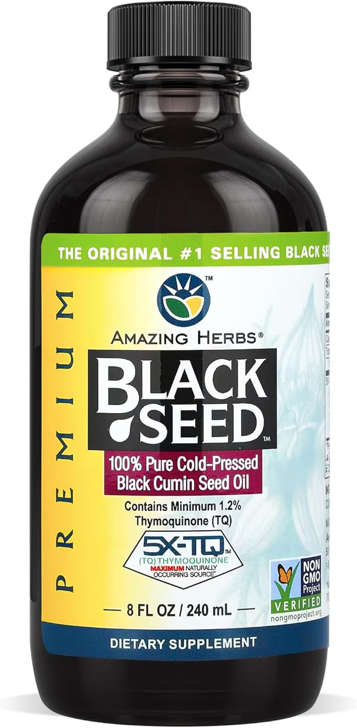 Amazing Herbs Premium Liquid Black Seed Oil - Cold Pressed with Nigella & Sativa, Aids in Digestive Health, Omegas 3 6 & 9, Immune Support, Brain Function, Non GMO, for Men and Women - 8 Fl Oz