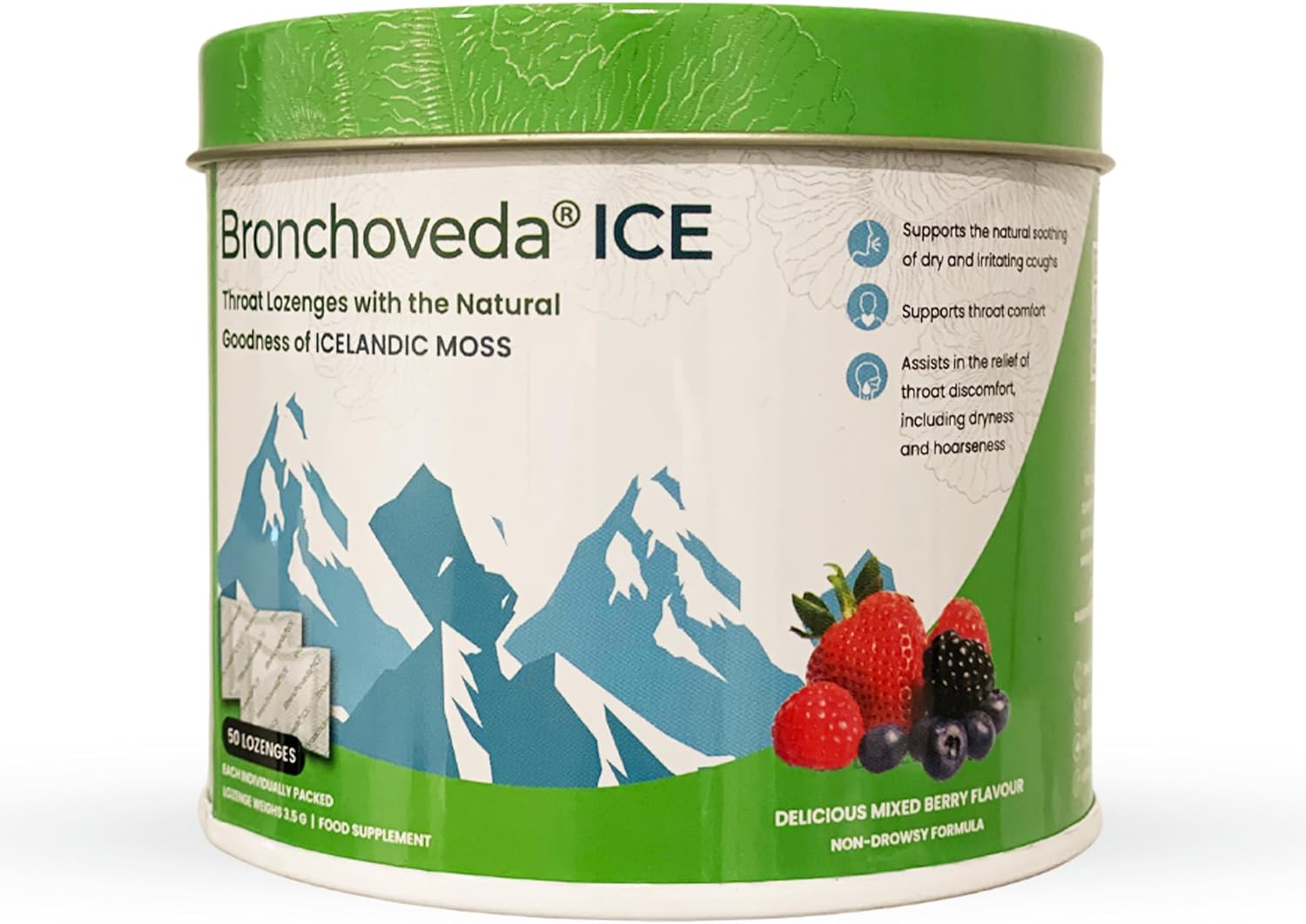 Bronchoveda ICE Throat Lozenges 50 Pack – Arctic Alpine Herb Icelandic Moss,Vitamin C,Ginger,Liquorice, Holy Basil & Menthol for Dry Cough Relief and Throat Discomfort – Non-Drowsy Mixed Berry Flavor