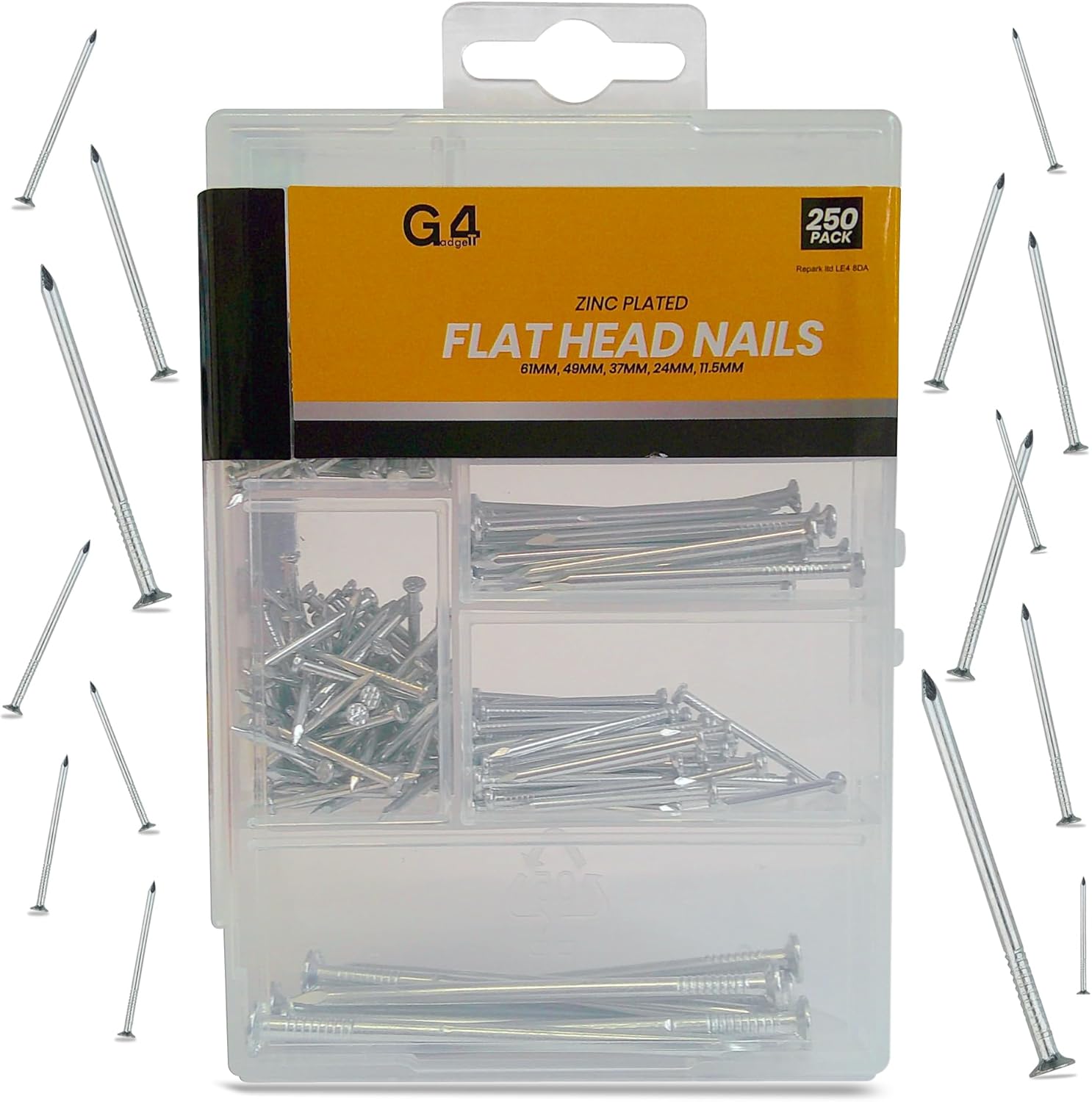 G4GADGET 250-Piece Assorted Flat Head Nails – Premium Zinc Coated, 5 Distinct Sizes for Home Repairs, DIY Projects, Woodworking & Crafts – Includes Organized Storage Box