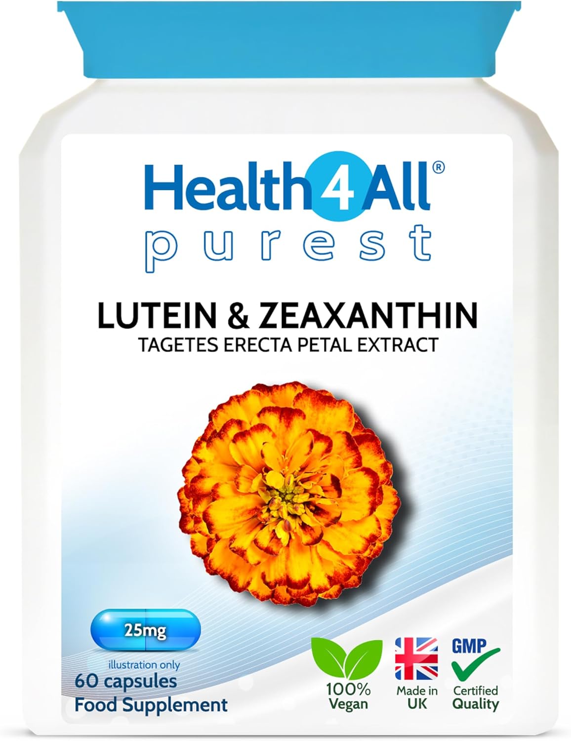 Health4All Lutein and Zeaxanthin Supplement 25mg per Capsule, 60 Capsules 2 Months Supply, Purest Eye Health Marigold Extract Supplement, Natural Eye Vitamins for Vision Care & Floaters | Made in UK