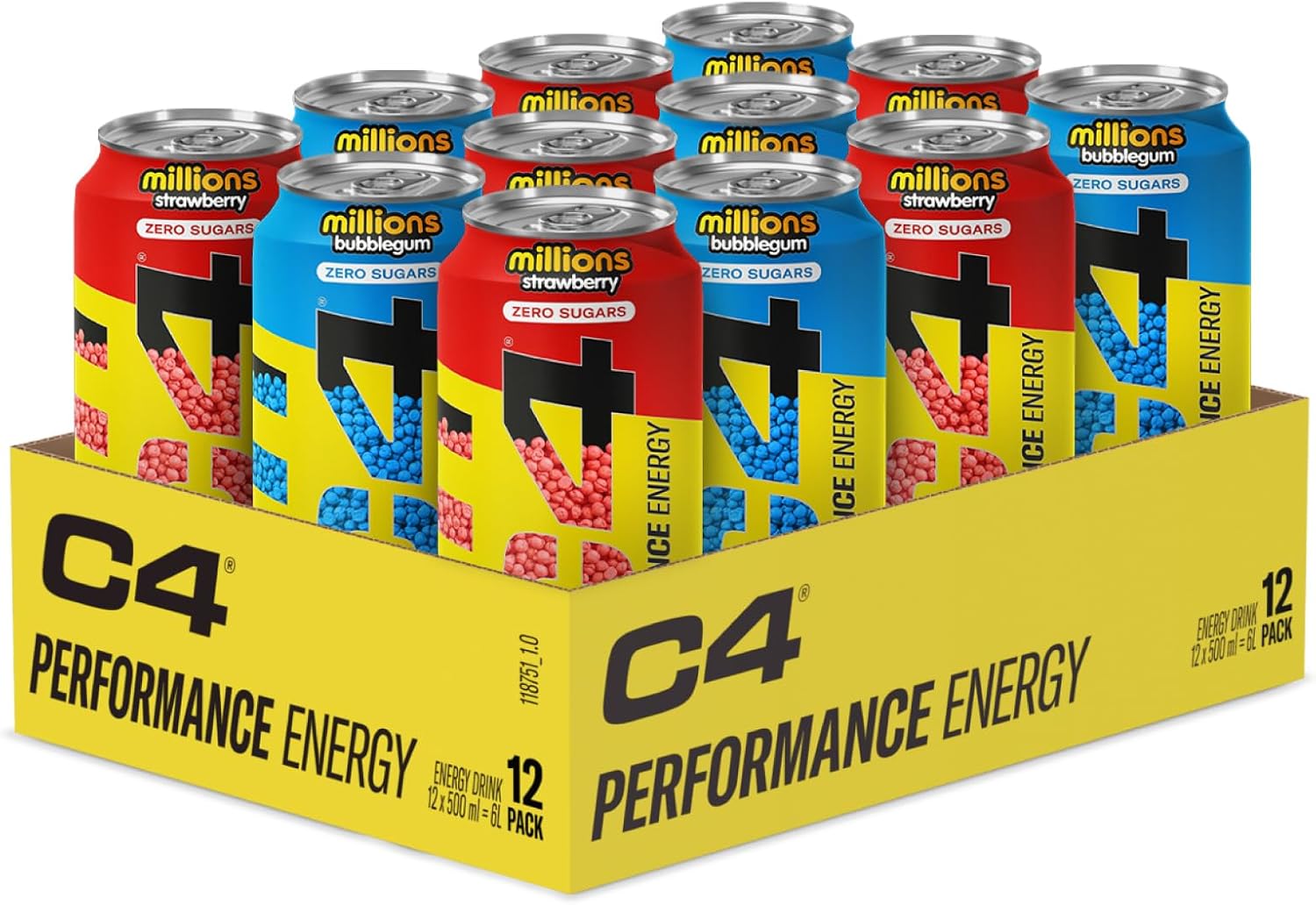 C4 Performance Energy Drinks Millions Bubblegum/Strawberry 500ml (12 Pack) | Sugar Free Energy Drink with 160mg Caffeine, 250mg Betaine, 1050mg Taurine | Low Calorie Fizzy Drinks for On The Go Energy
