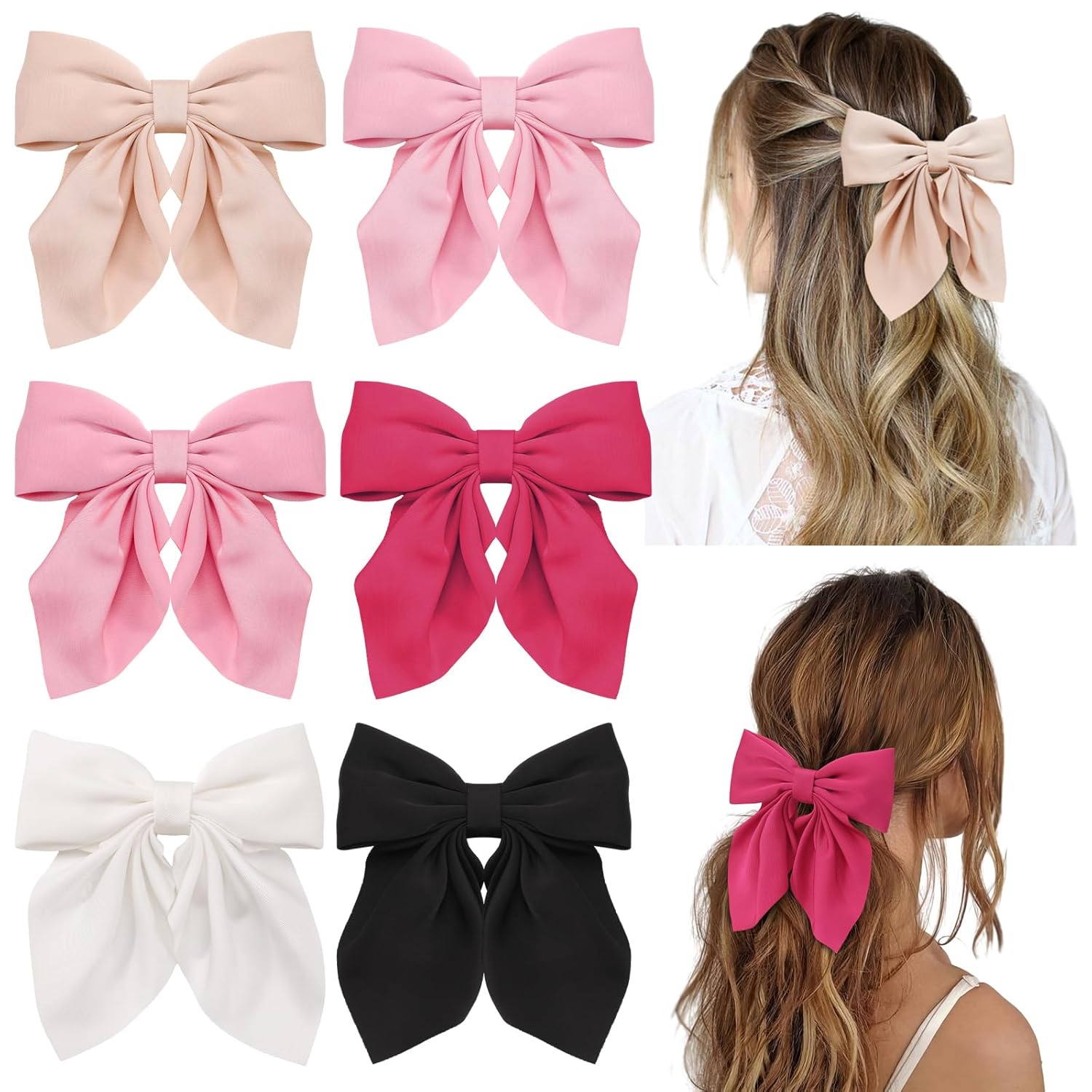 6Pcs Hair Bows for Women, Bow Hair Clips, Silky Satin Hair Bows for Girls, Pink Hair Ribbon, Cute Bow Clips for Women, Hair Accessories Gifts