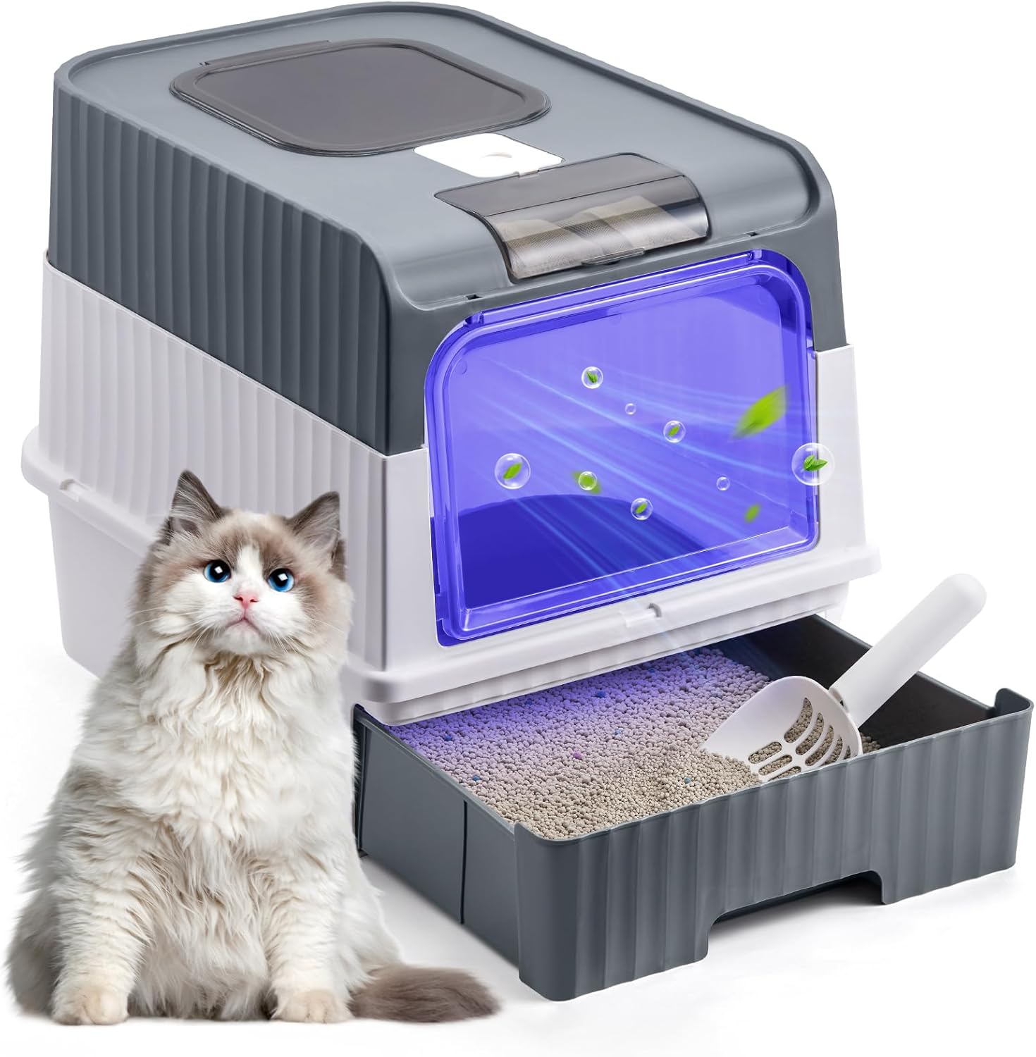 The Fellie Cat Litter Box Litter Tray, Large Cat Litter Tray with UV Sterilization, Odor Control, Hooded Cat Litter Tray with Drawer Pan and Scoop, Easy Clean Foldable Kitten Litter Tray, Grey