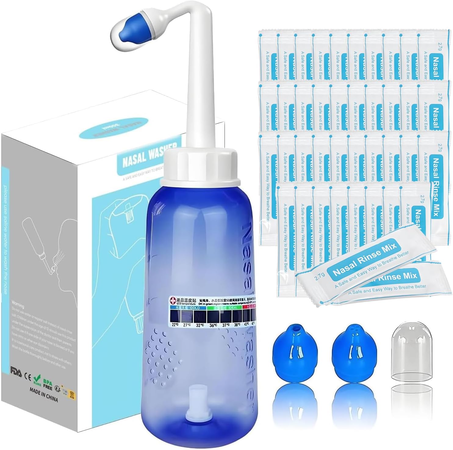 SAMLINSU Neti Pot Kit, Sinus Rinse Bottle 300ml, 40 Nasal Wash Salt Packets and Sticker Thermometer, Nose Wash Cleaner Pressure Rinse Nasal Irrigation for Adult & Kid BPA Free