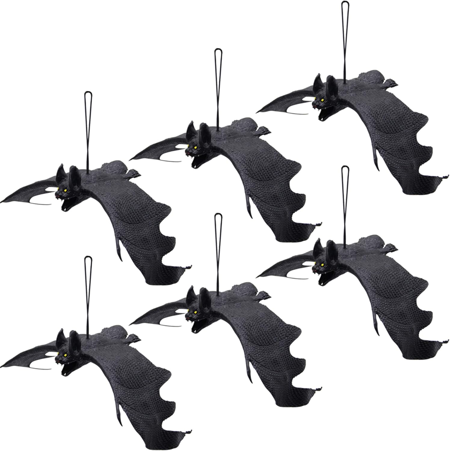 ATDAWN Halloween Hanging Bats, Rubber Bats, Realistic Looking Spooky Bats, Flying Bats Halloween Decoration, 6 Pack