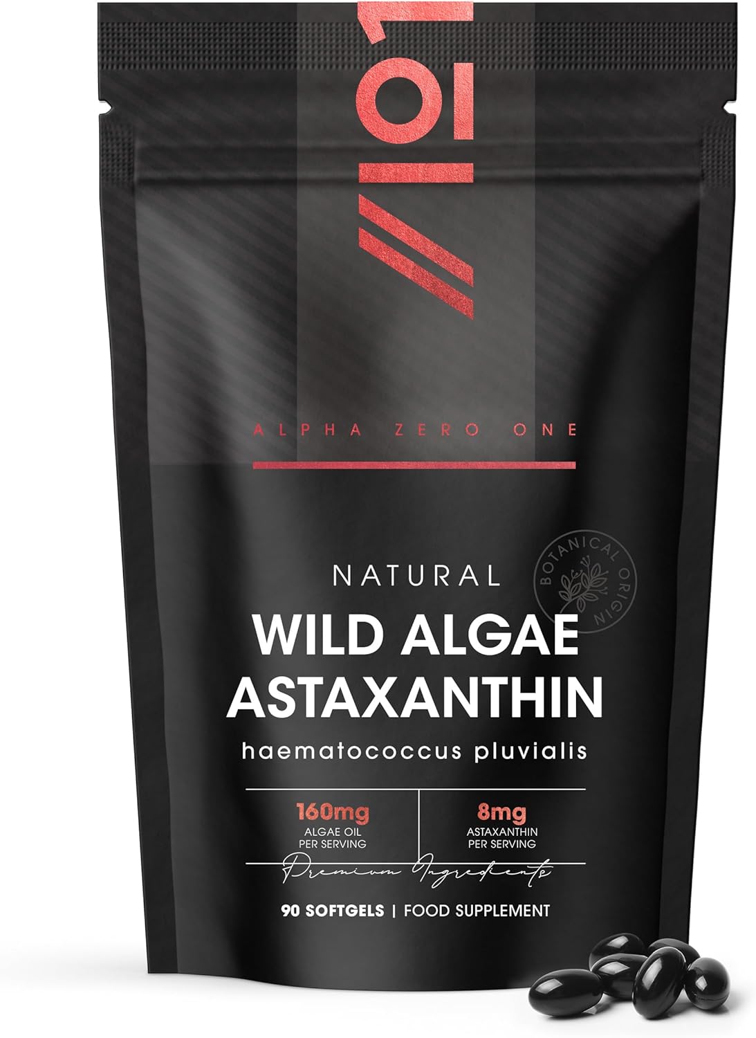 Wild-Algae Astaxanthin 160mg - High Strength Providing 8mg Astaxanthin Antioxidant - 90 Softgels - Resealable and Recyclable Pouch by Alpha01