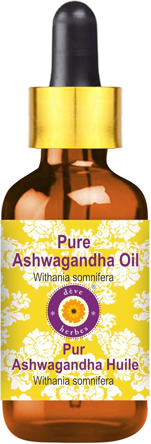 Deve Herbes Pure Ashwagandha Oil (Withania somnifera) with Glass Dropper Natural Therapeutic Grade100ml (3.38 oz)