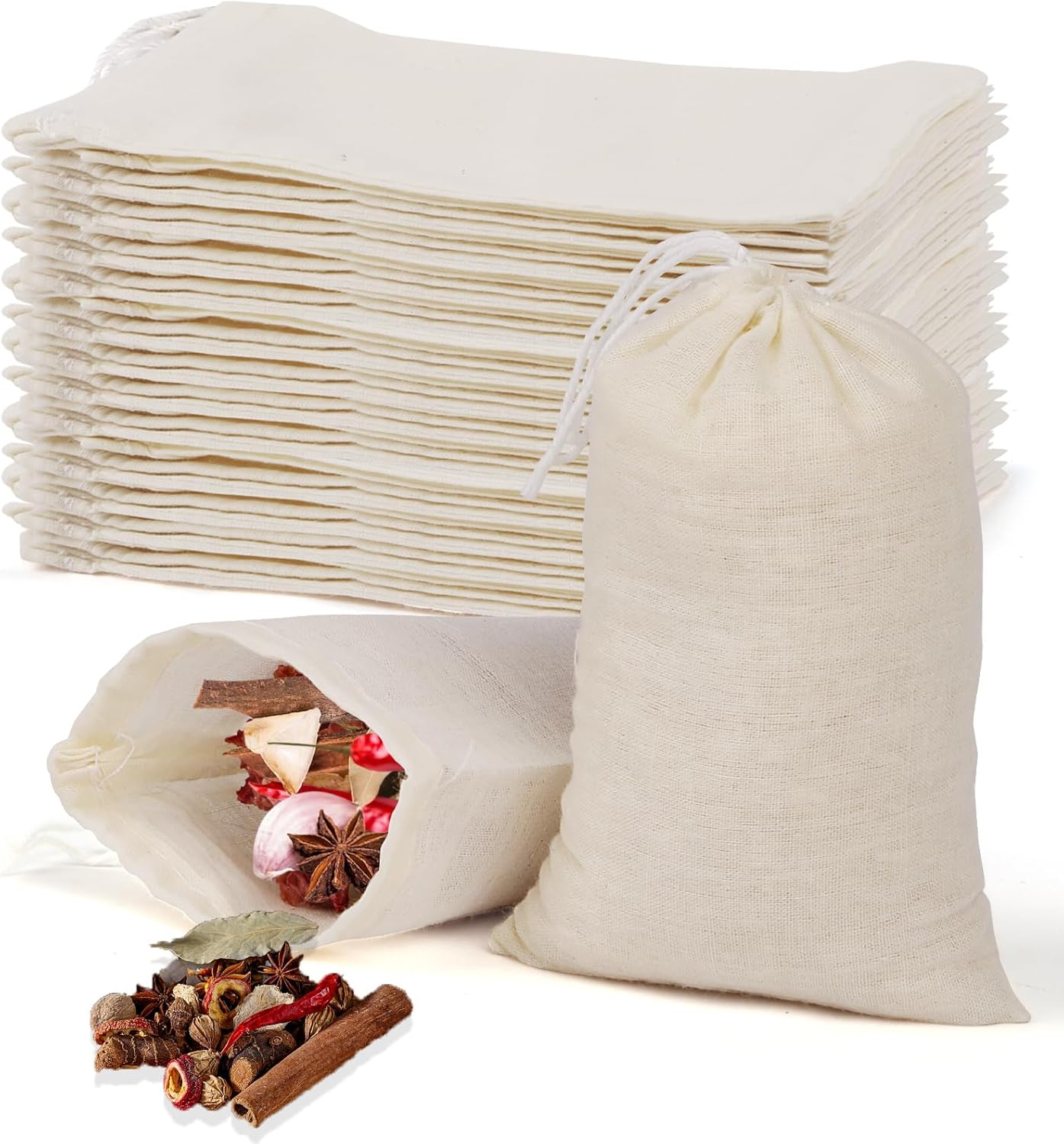 40 Pcs Empty Spice Bags for Cooking Soup, Reusable Tea Bags for Loose Tea, 4x6 In Natural Muslin Drawstring Bag, Small Cheese Cloth Cotton Bag for Straining, Unbleached Cheesecloth Herb Sachet Bag