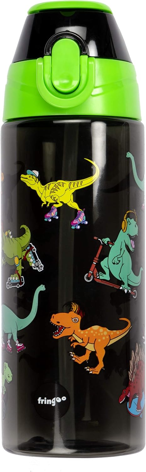 Fringoo - 600ml Kids Water Bottle with Straw & Fliptop Lock - 100% Leakproof - BPA Free 600ml Kids Water Bottle for School - Dinosaur Skaters