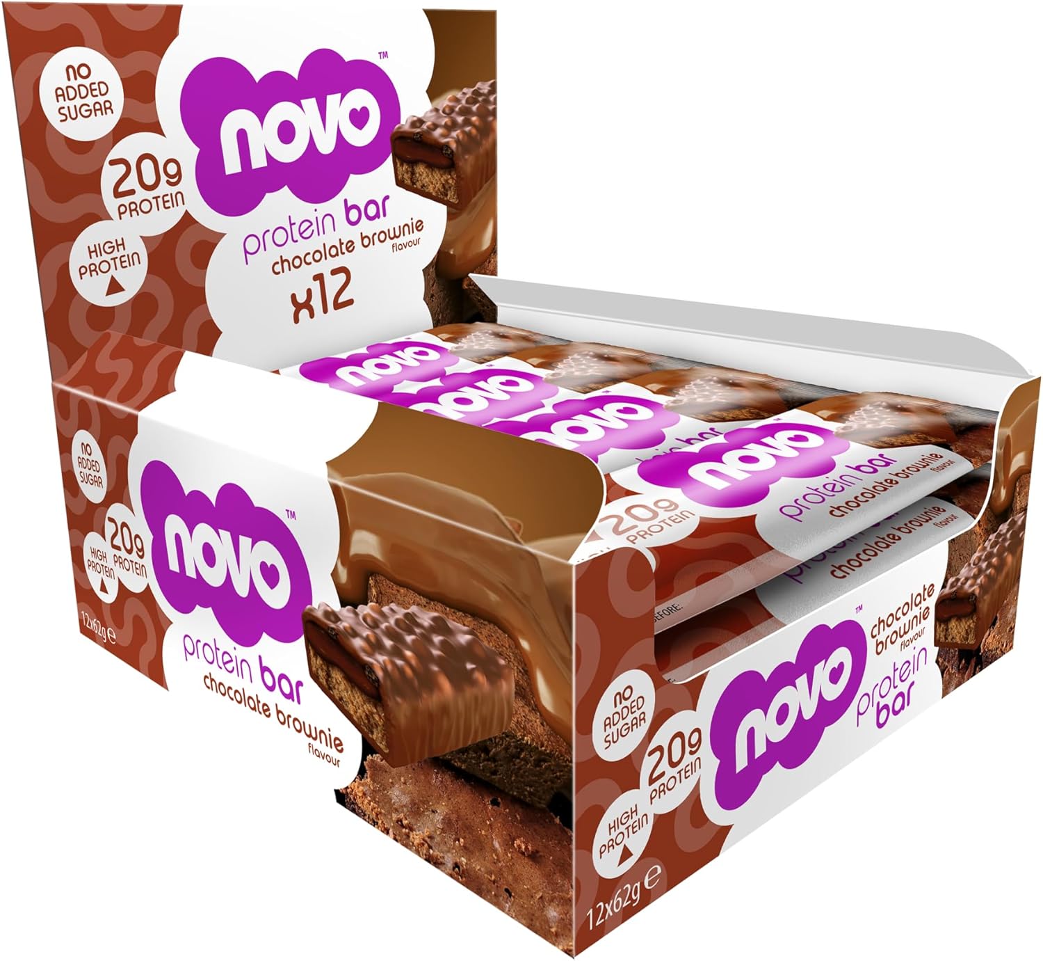 Novo Nutrition Protein Bars | 62g of Protein | Chocolate Brownie Flavour | Healthy Snack with Added Protein, No Added Sugar and Real Milk Chocolate | Suitable for Vegetarians | Pack of 12