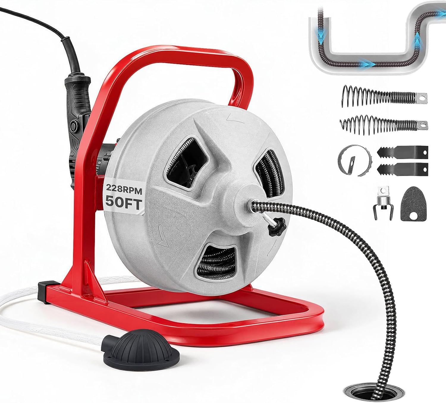 VEVOR Drain Cleaner Machine 50 FT x 5/16 Inch, Sewer Snake Auger with 228RPM Electric Drill, Manual Feed Drain Cleaning Machine with 6 Cutters & Air-activated Foot Switch for 2" to 4" Pipes
