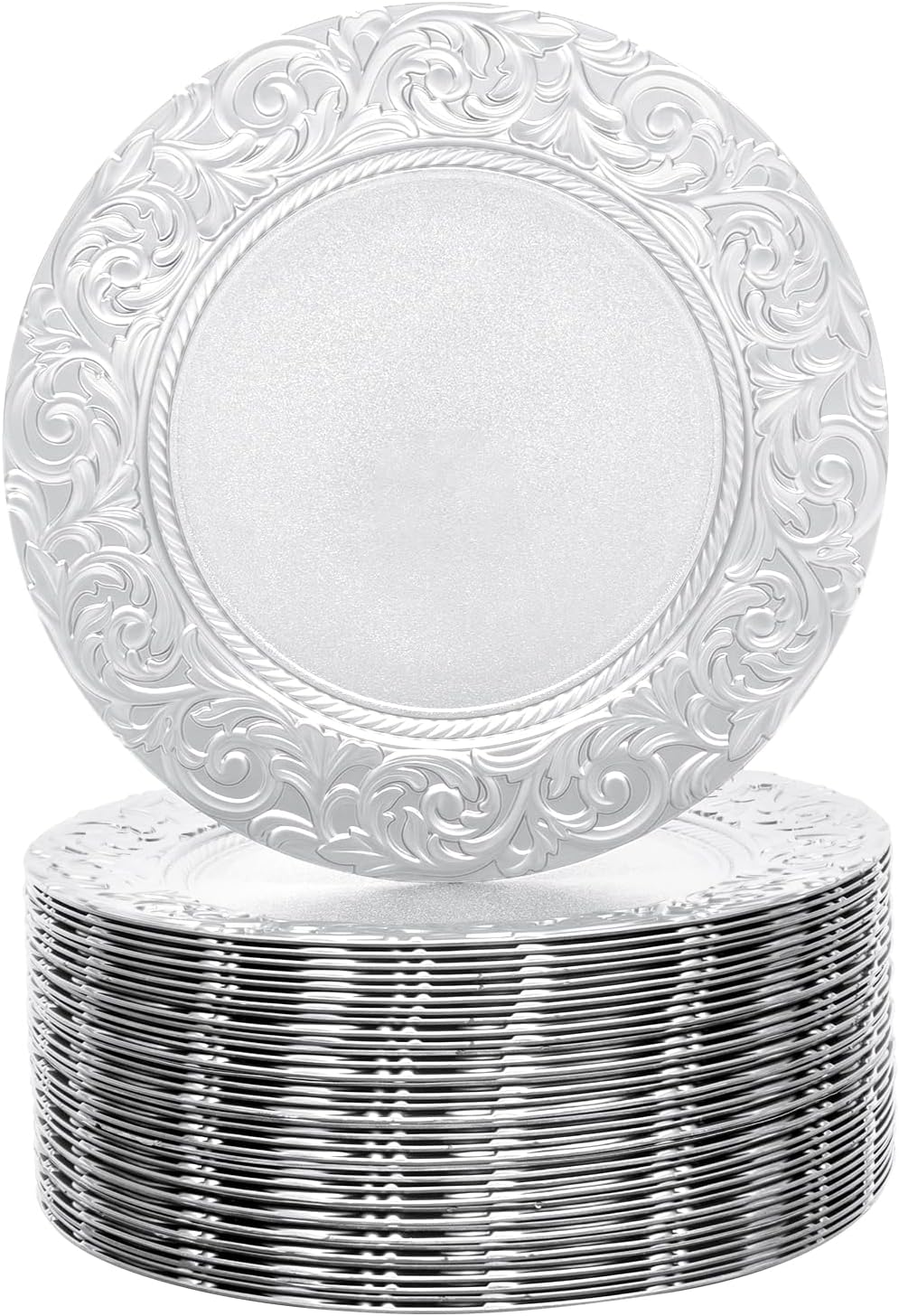 100Pcs Charger Plates Bulk 13in Round Embossed Dinner Plate Plastic Reusable Dinner Serving Plates for Wedding Party Event Table Setting Decoration, Silver