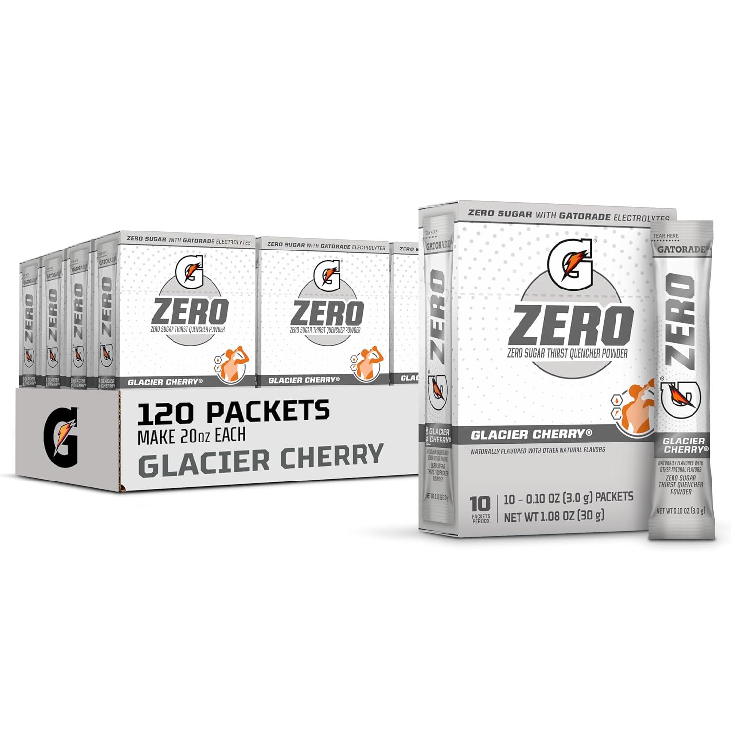 Gatorade G Zero Sports Drink Mix Powder Packets, Glacier Cherry, Electrolyte Powder Drink Mix for Hydration, Zero Sugar, Total 120 Packets