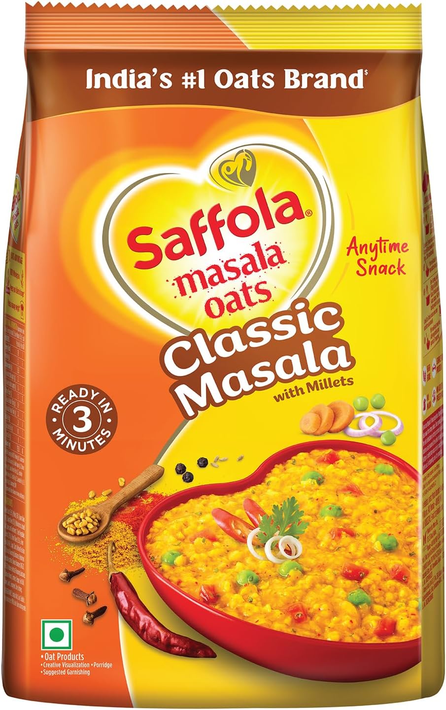 Saffola Masala Oats| 1kg | Classic Masala | Tasty, Anytime Snack | Ready in 3 mins | Millets Goodness- with Bajra & Jowar | No maida , No added preservatives | helps manage weight