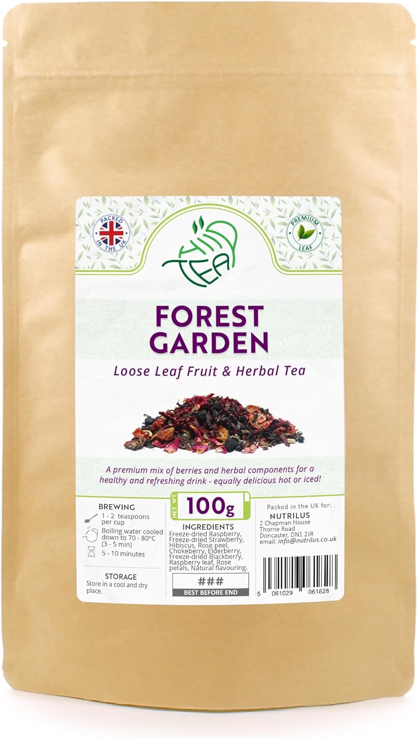 Forest Garden Loose Fruit & Herbal Tea – Natural Mix of Berries & Hibiscus & Rose Peel and Petals & Raspberry Leaf (100g)