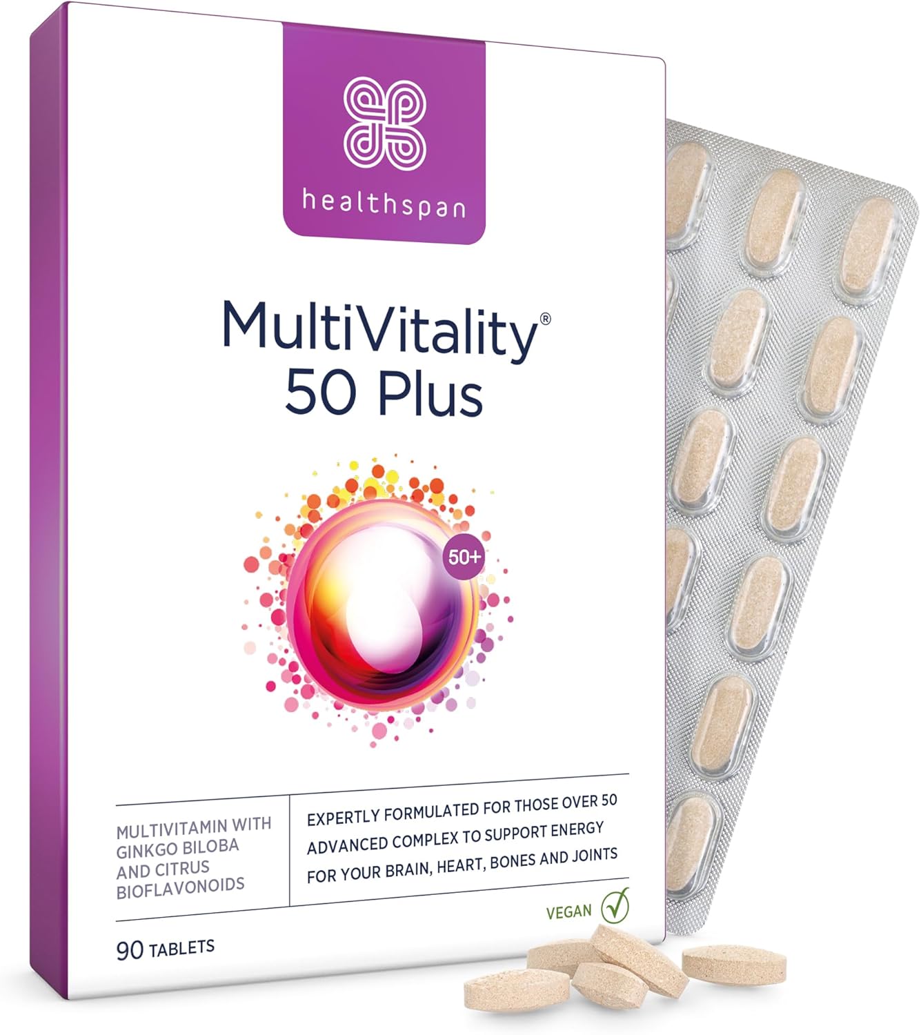Healthspan Multivitamin 50 Plus | Advance Multivitamin for over-50's | Immune Health Support | 13 Vitamins & 12 Minerals | Ginkgo Biloba & Citrus Bioflavonoids | Vegetarian (90 Tablets)