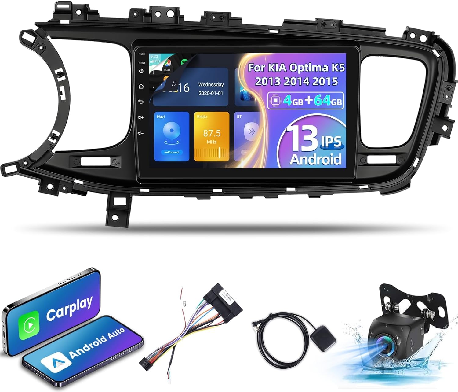 [4+64G] Car Radio for KIA Optima K5 2013 2014 2015-9 inch IPS 1280 * 720P Touchscreen EQ Audio - Wireless Carplay and Android Auto, AI DSP, Customize Homepage, Multi-UI, SWC + AHD Backup Camera