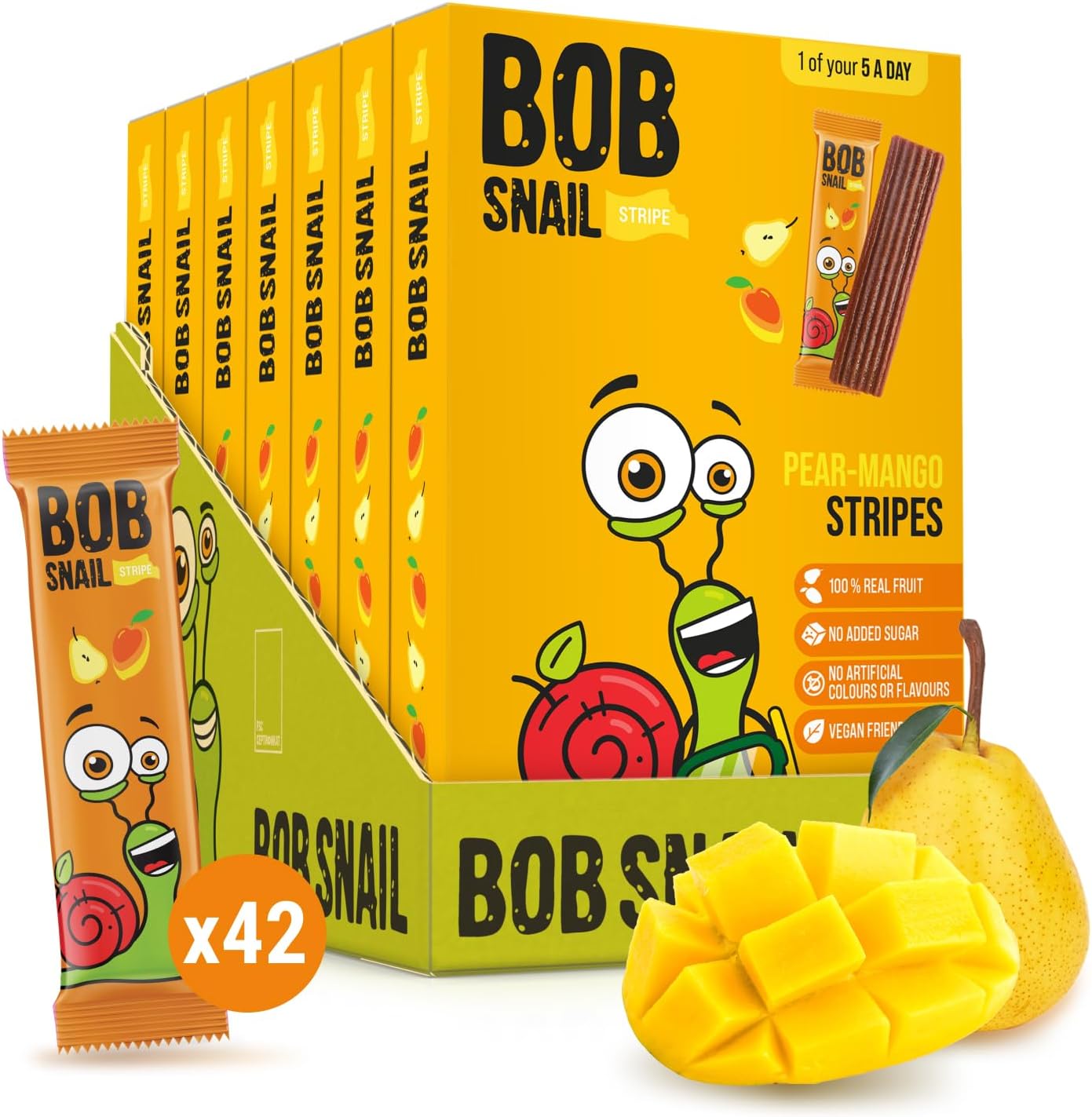 Bob Snail Fruit Leather Stripes – Mango Flavor – Sugar Free, Vegan, Natural Healthy Fruit Snacks for Adults and Kids, Bulk Candy Family Box, 42 Bars (Pack of 7, 588g)