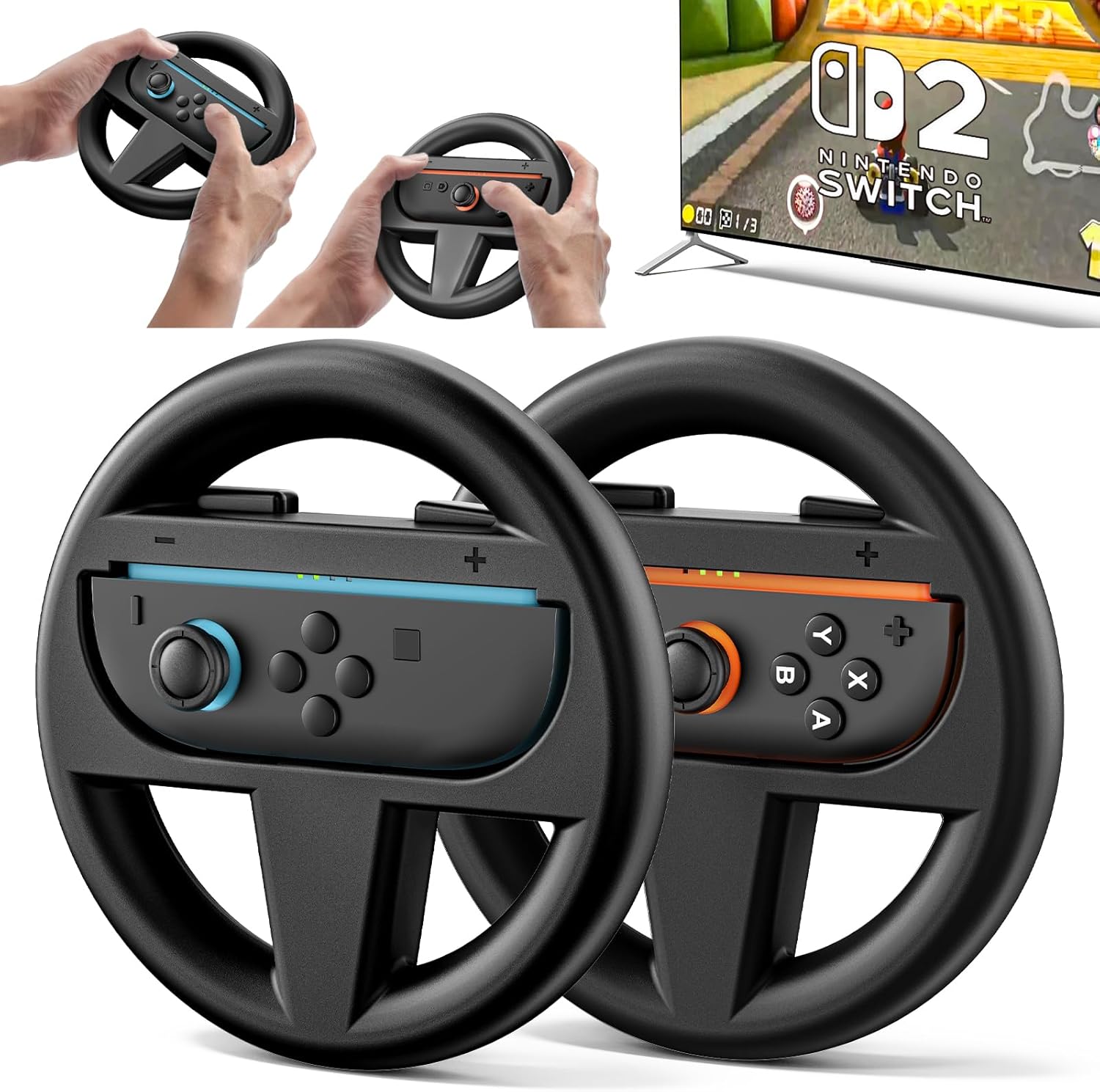 2 Packs Switch 2 Steering Wheel, Switch 2 Racing Wheel for Mario Kart World & 8 Deluxe, NS2 Racing Games Accessories with Ergonomic Design and Easy to Install (Black)