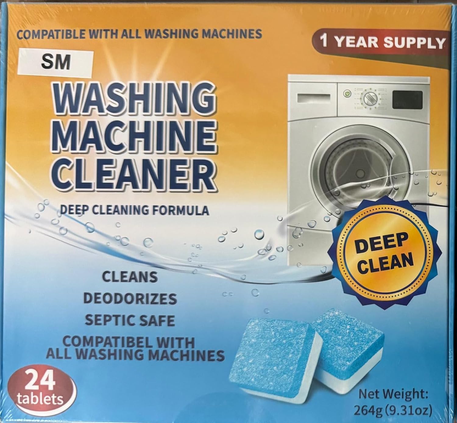 SM Washing Machine Cleaner 24 Pack - Deep Cleaning Tablets For HE Front Loader & Top Load Washer, Septic Safe, Clean Inside Drum and Laundry Tub Seal - 1 year Supply,